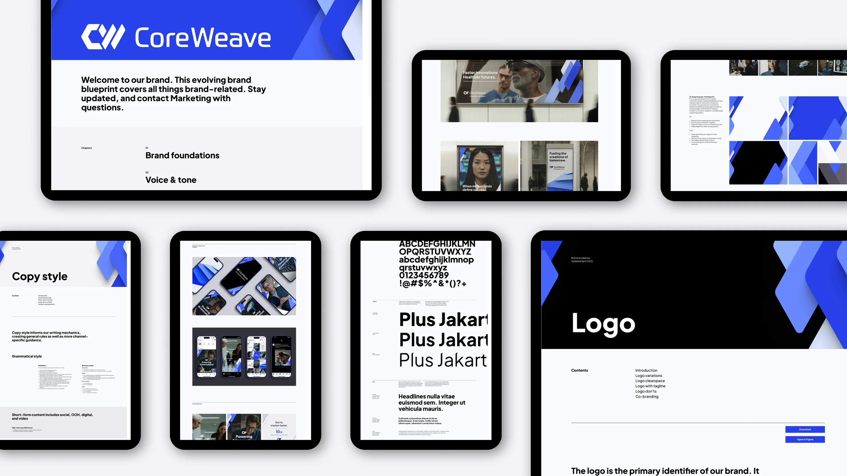 Seven digital screens display various pages of CoreWeave’s brand guidelines, including the logo, typography, color palette, copy style, and sample branded materials, arranged on a light background.