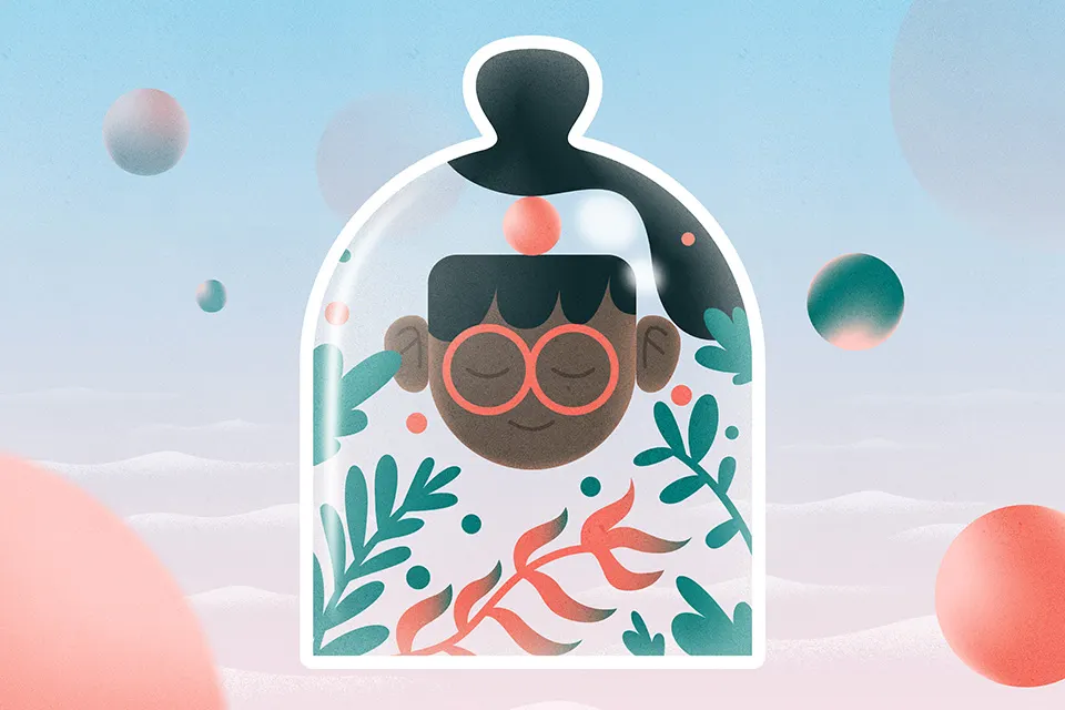 Illustration of a person with closed eyes and red glasses, surrounded by leaves, inside a glass dome. The background features floating spheres and a soft pastel sky.