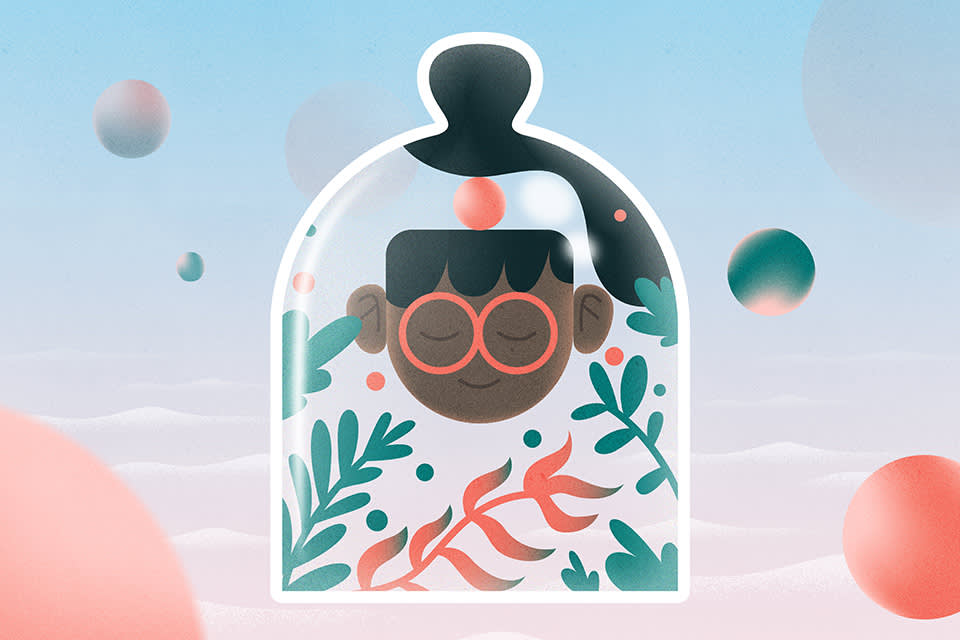 Illustration of a person with closed eyes and red glasses, surrounded by leaves, inside a glass dome. The background features floating spheres and a soft pastel sky.