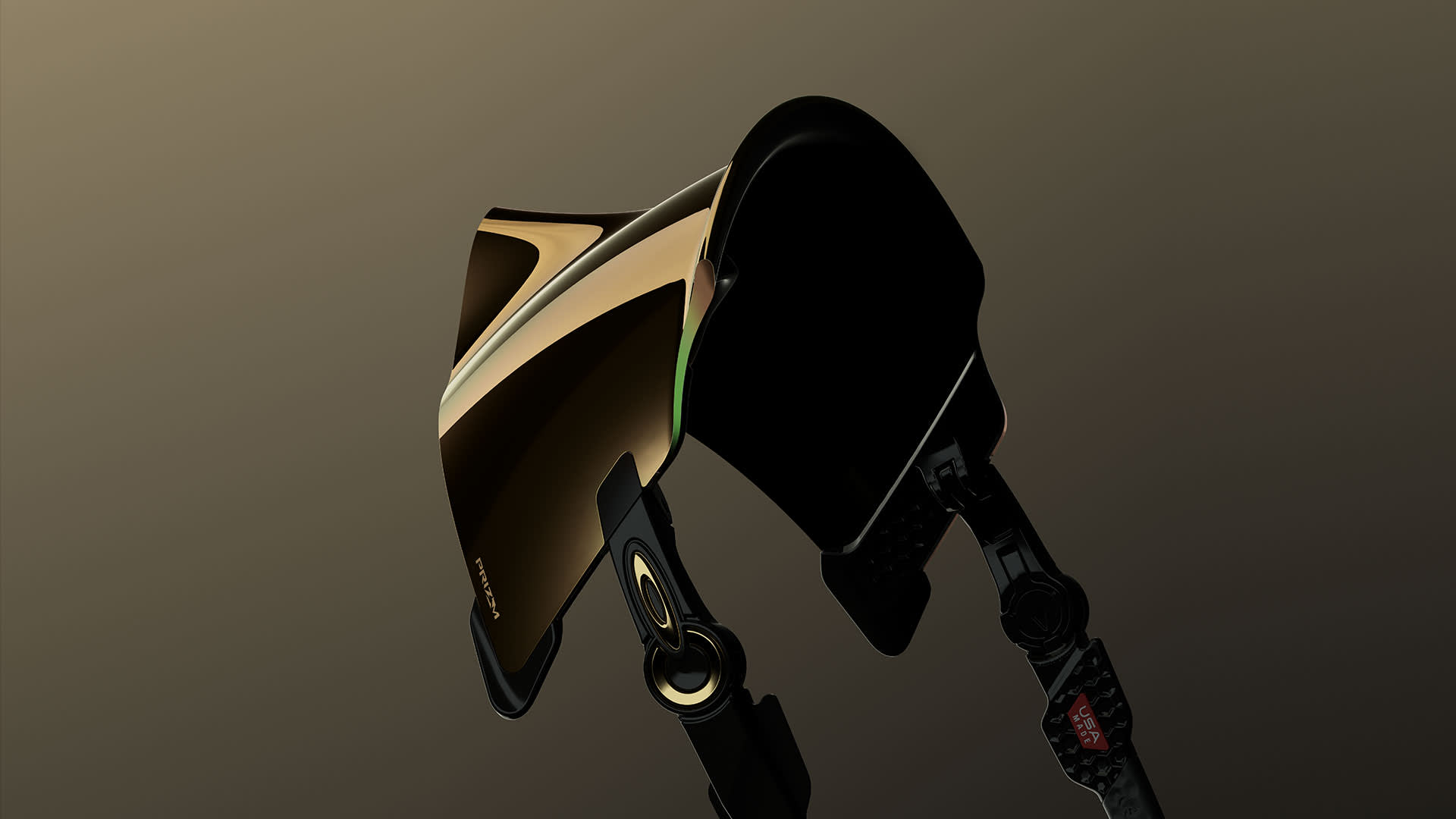 A sleek, modern headset with a metallic gold and black design is suspended against a gradient background. The headset features angular shapes and detailed components with glossy and matte finishes.