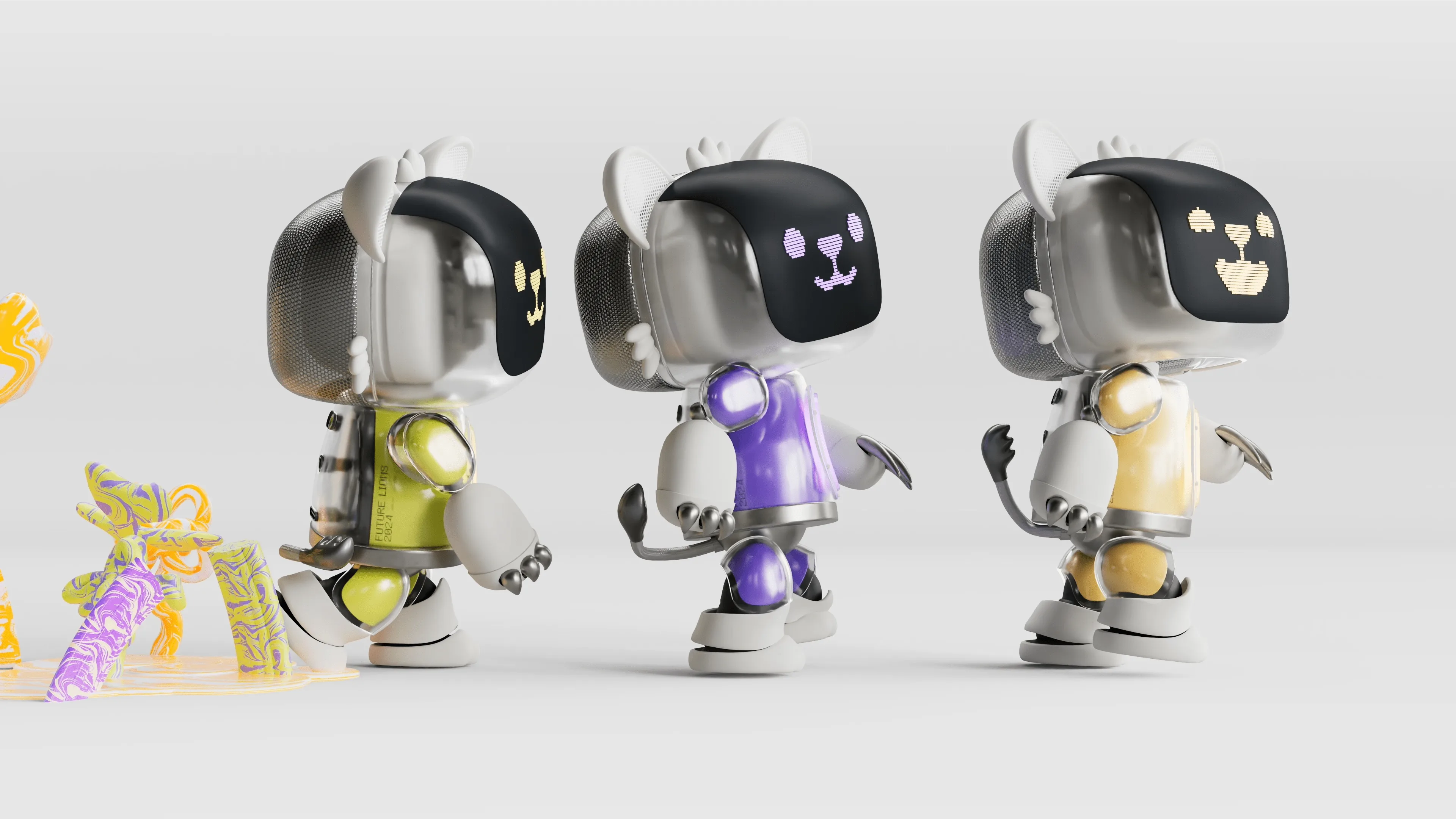 Three stylised Future Lions figures with ears and tails stand in a row on a plain white background. They have metallic silver bodies with different coloured accents: the left figure has yellow, the middle has purple, and the right has yellow. Their faces are digital screens displaying simple, friendly expressions.