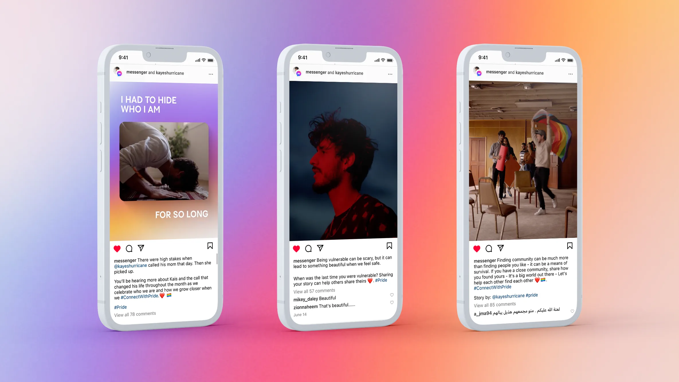 Three smartphones display social media posts. The first shows a person kneeling with text: I had to hide who I am. The second shows a person in shadow. The third shows people celebrating with a rainbow flag indoors.
