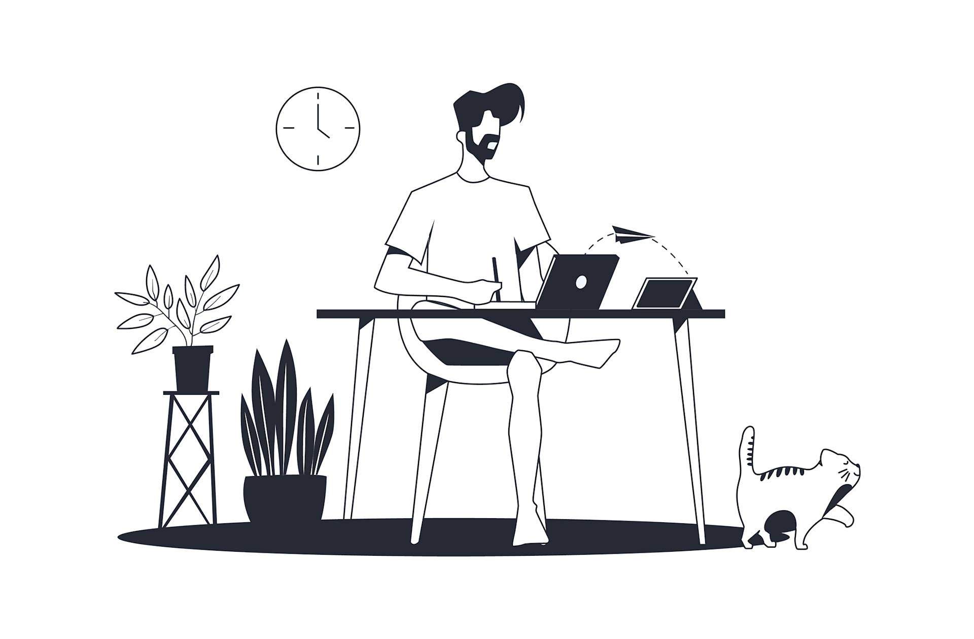 A person sits at a desk with a laptop and tablet, surrounded by two potted plants. A cat stretches nearby, and a paper airplane flies over the desk. A clock hangs on the wall in the background.
