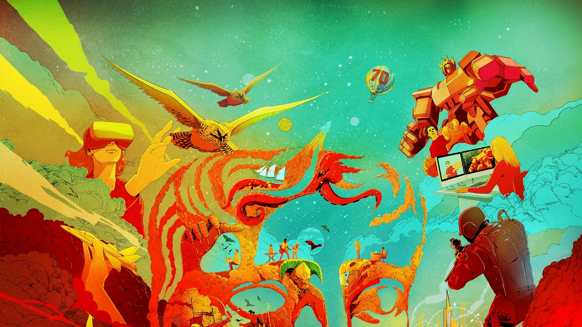 A vibrant, surreal scene with people using VR headsets, an owl in flight, a giant robot, abstract red and yellow creatures, and a person with a camera against a colorful sky and landscape.