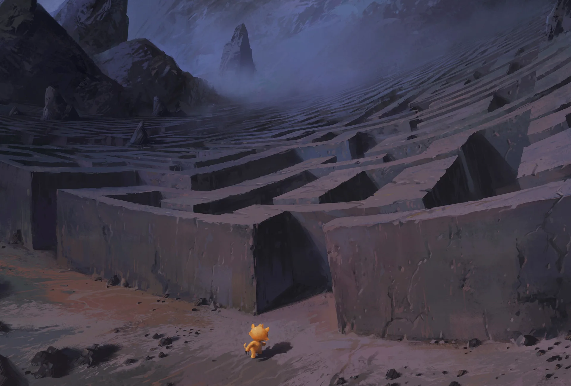 A small yellow cat stands at the entrance of a large, dark stone labyrinth in a misty mountainous landscape, with towering walls and distant peaks shrouded in fog.