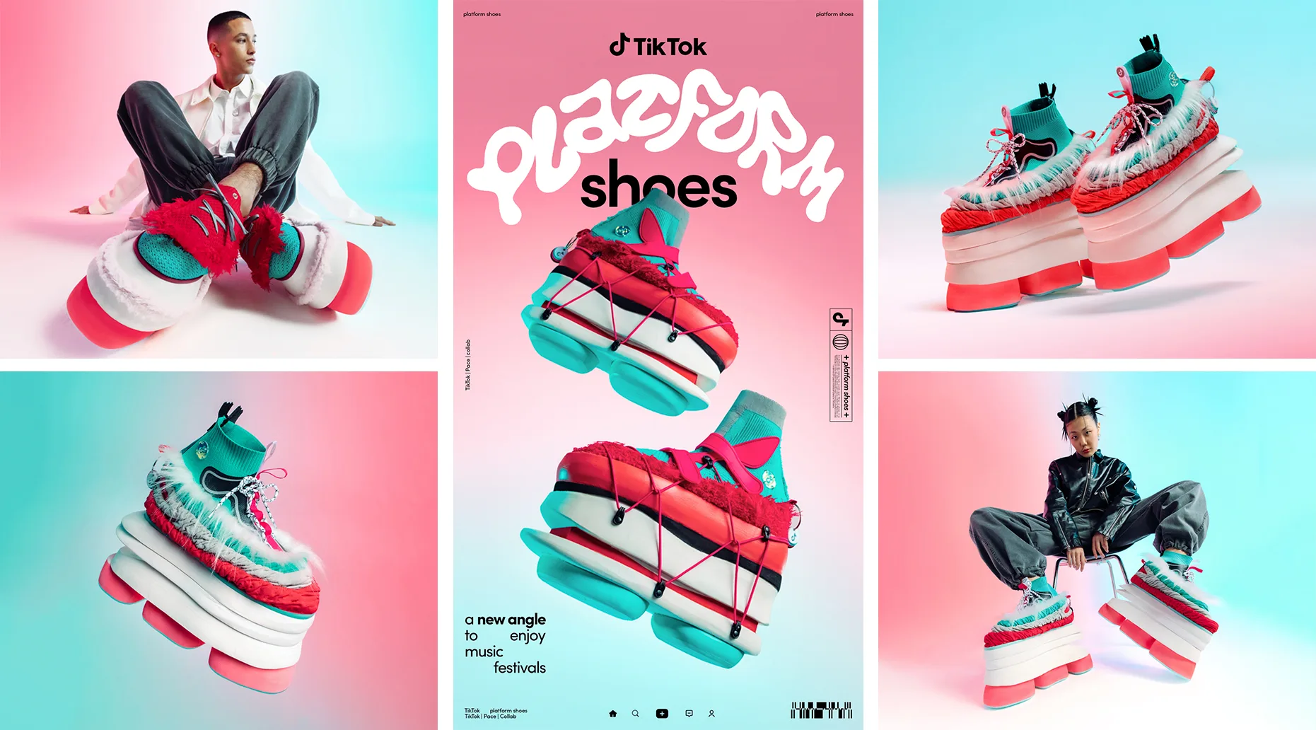 A collage featuring two people wearing oversized, colorful platform shoes and a central poster with floating shoes and the text TikTok Platform shoes: a new angle to enjoy music festivals against a pink and blue background.
