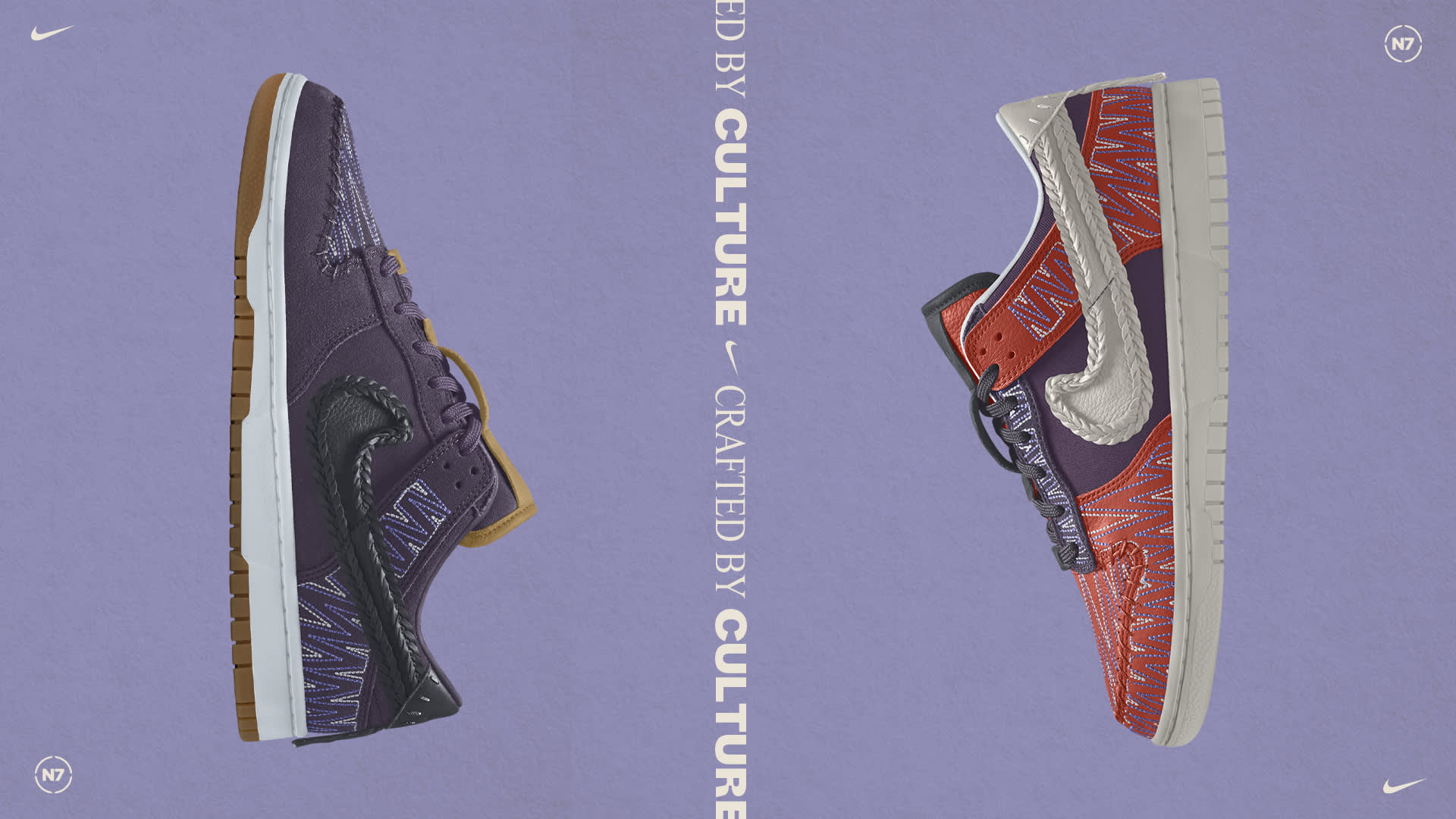 Two Nike sneakers are displayed side by side on a purple background. The left shoe is purple with a black swoosh and brown sole, while the right shoe is red and gray with a white swoosh and zigzag patterns. Text reads Crafted by Culture.