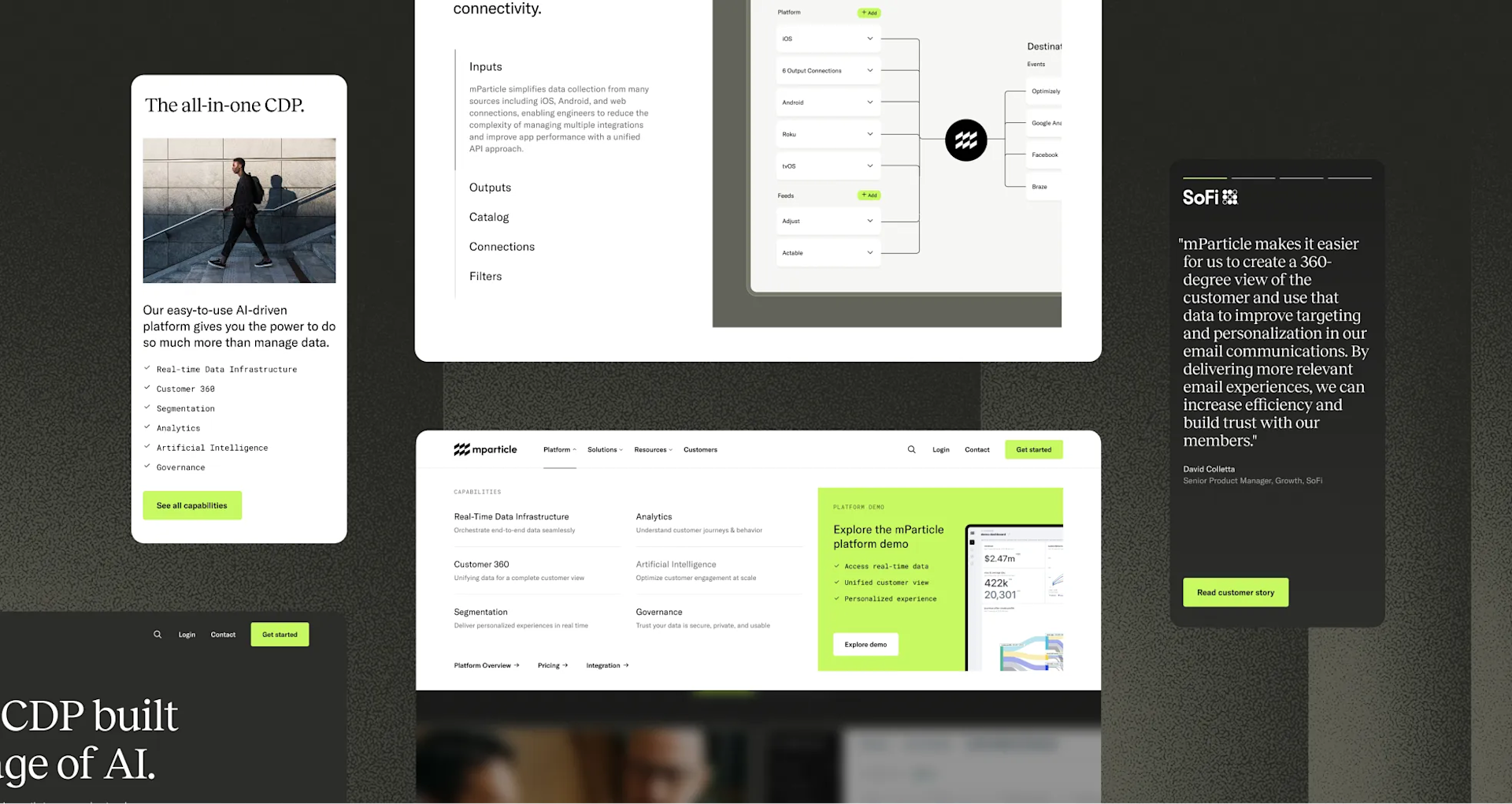 A website showcasing an AI-driven CDP platform with sections highlighting platform features, connectivity diagram, navigation menu, and product benefits on a dark background with green accent boxes.
