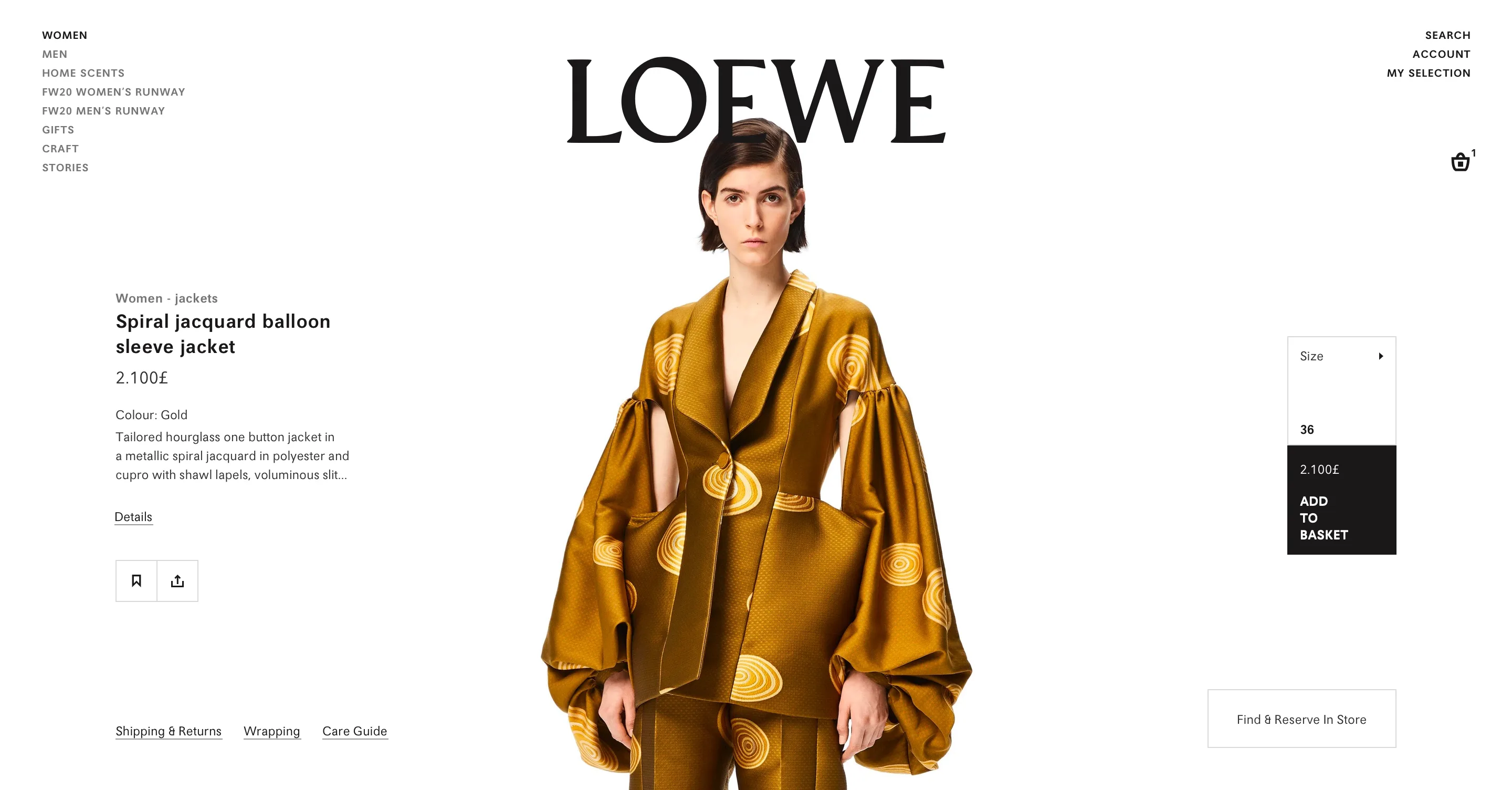 A woman models a gold jacquard jacket with spiral patterns and dramatic balloon sleeves on a white background. The LOEWE logo appears above her, and product details with purchase options are displayed on both sides.