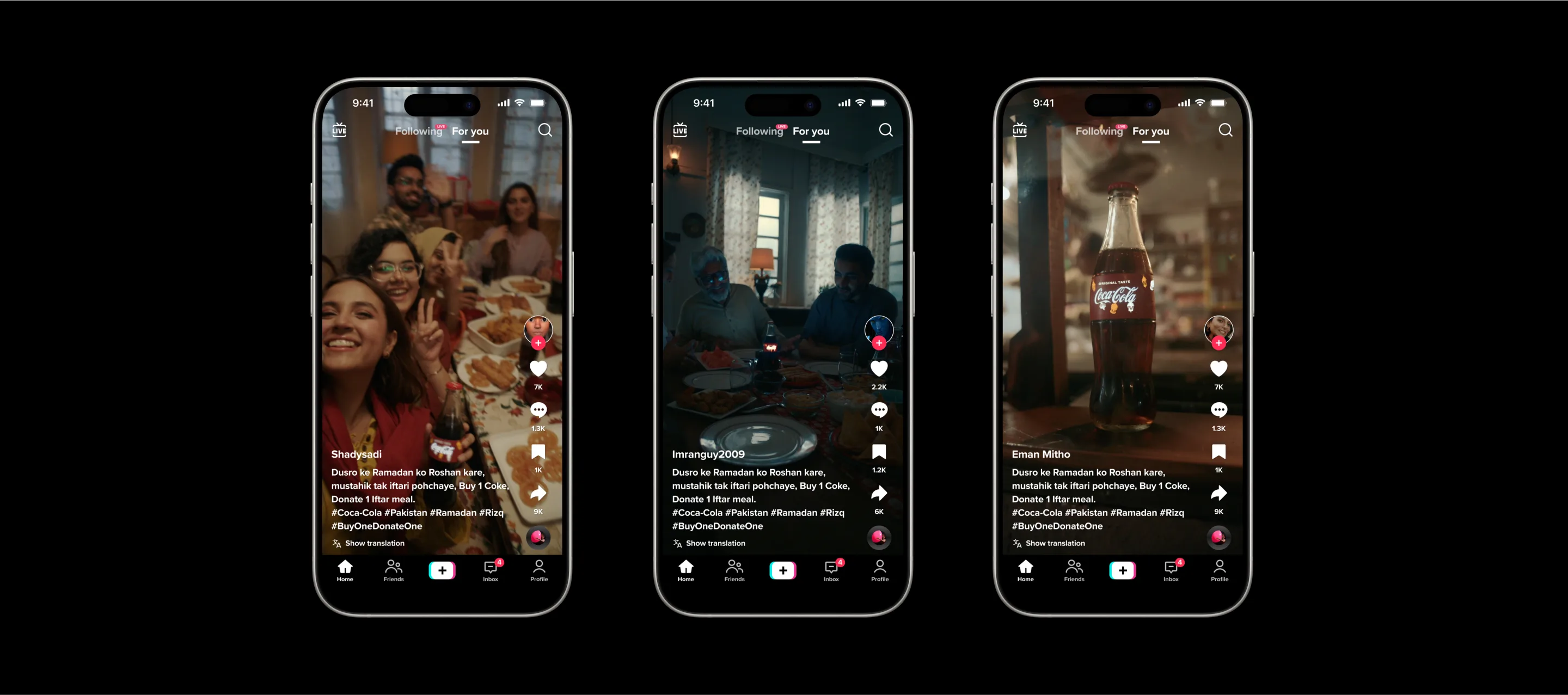 Three smartphones display TikTok videos: the first shows people smiling around a dinner table; the second shows two men eating; the third shows a close-up of a Coca-Cola bottle on a dining table.