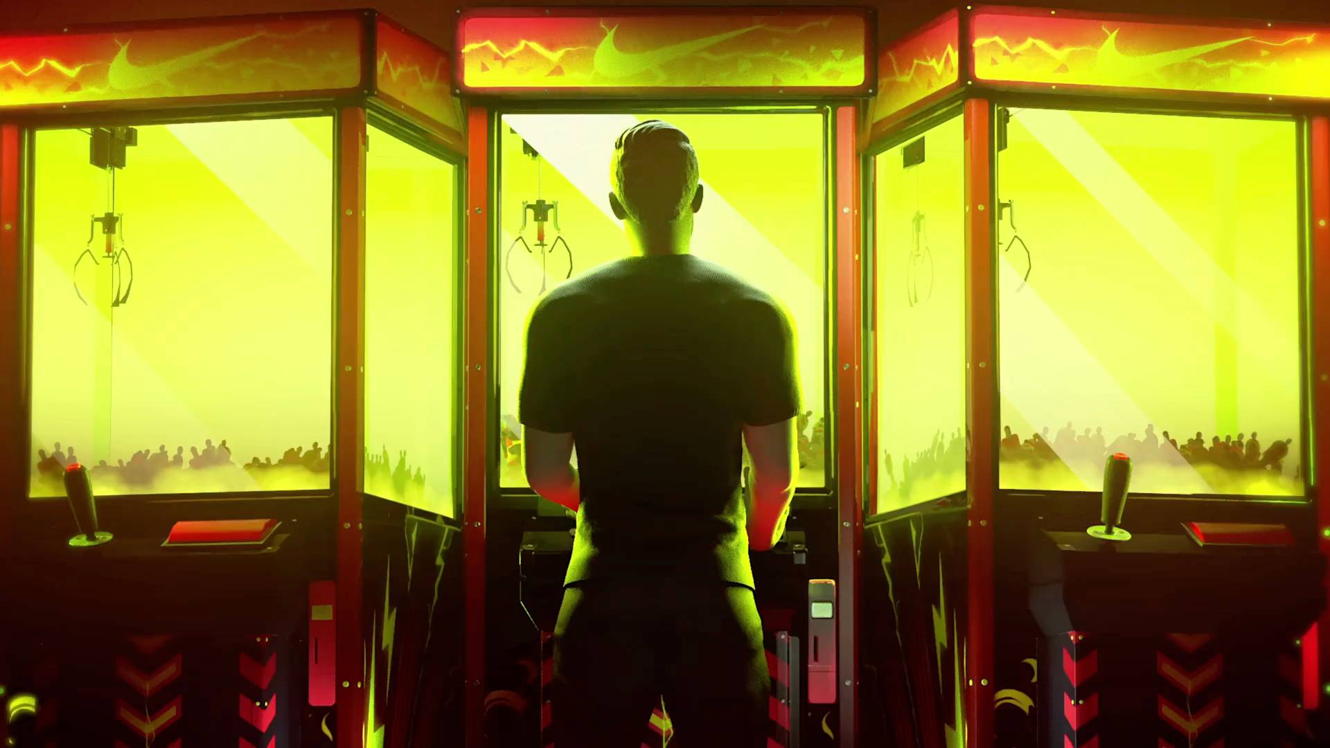 A person stands facing three brightly lit claw machines, glowing yellow and red, with their silhouette framed in the center. The scene has a vibrant, arcade-like atmosphere.