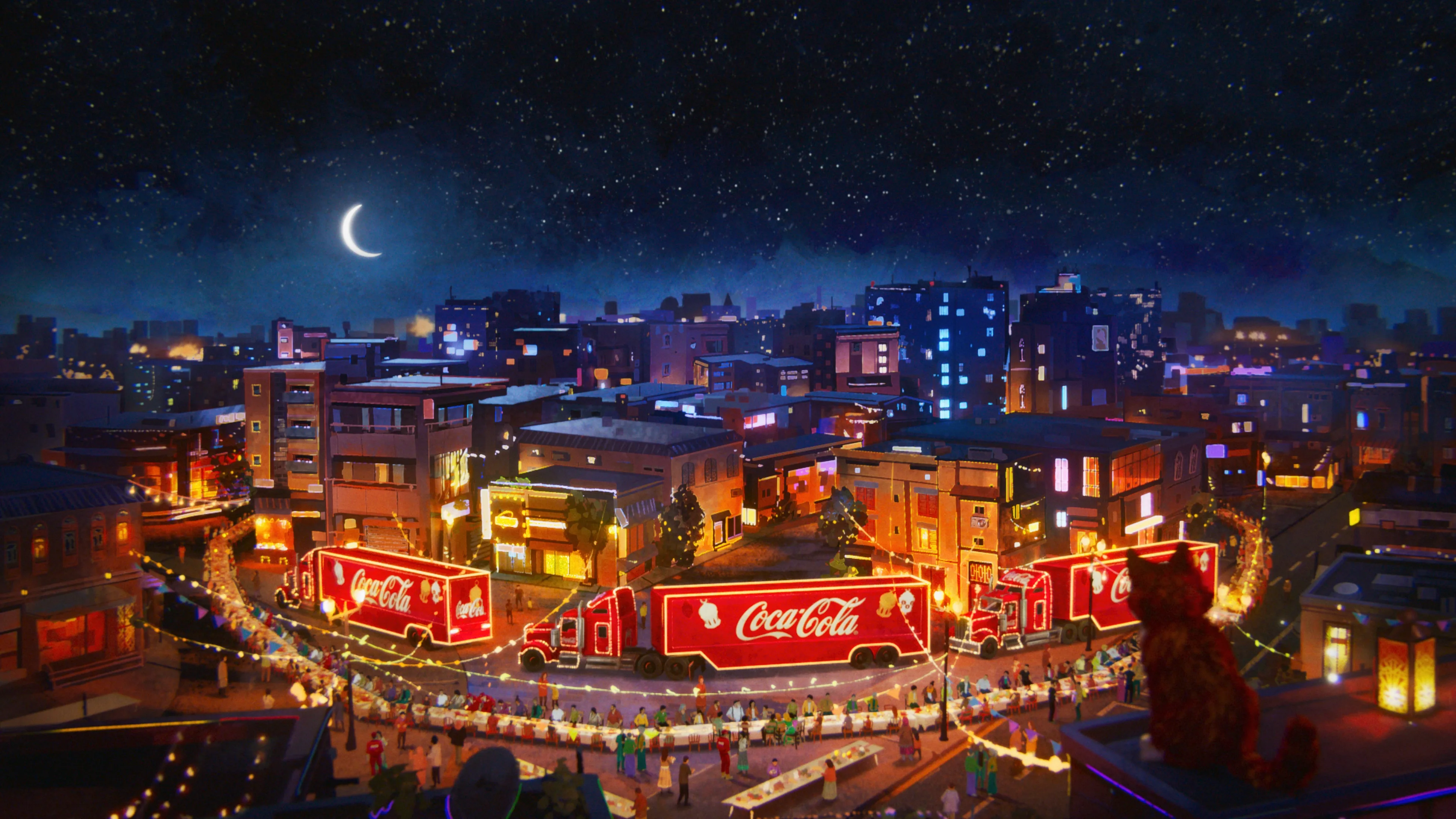 A festive city scene at night with Coca-Cola trucks decorated with lights, driving through a street lined with cheering people. Buildings are illuminated, and a crescent moon shines in the starry sky. A cat sits on a rooftop in the foreground.