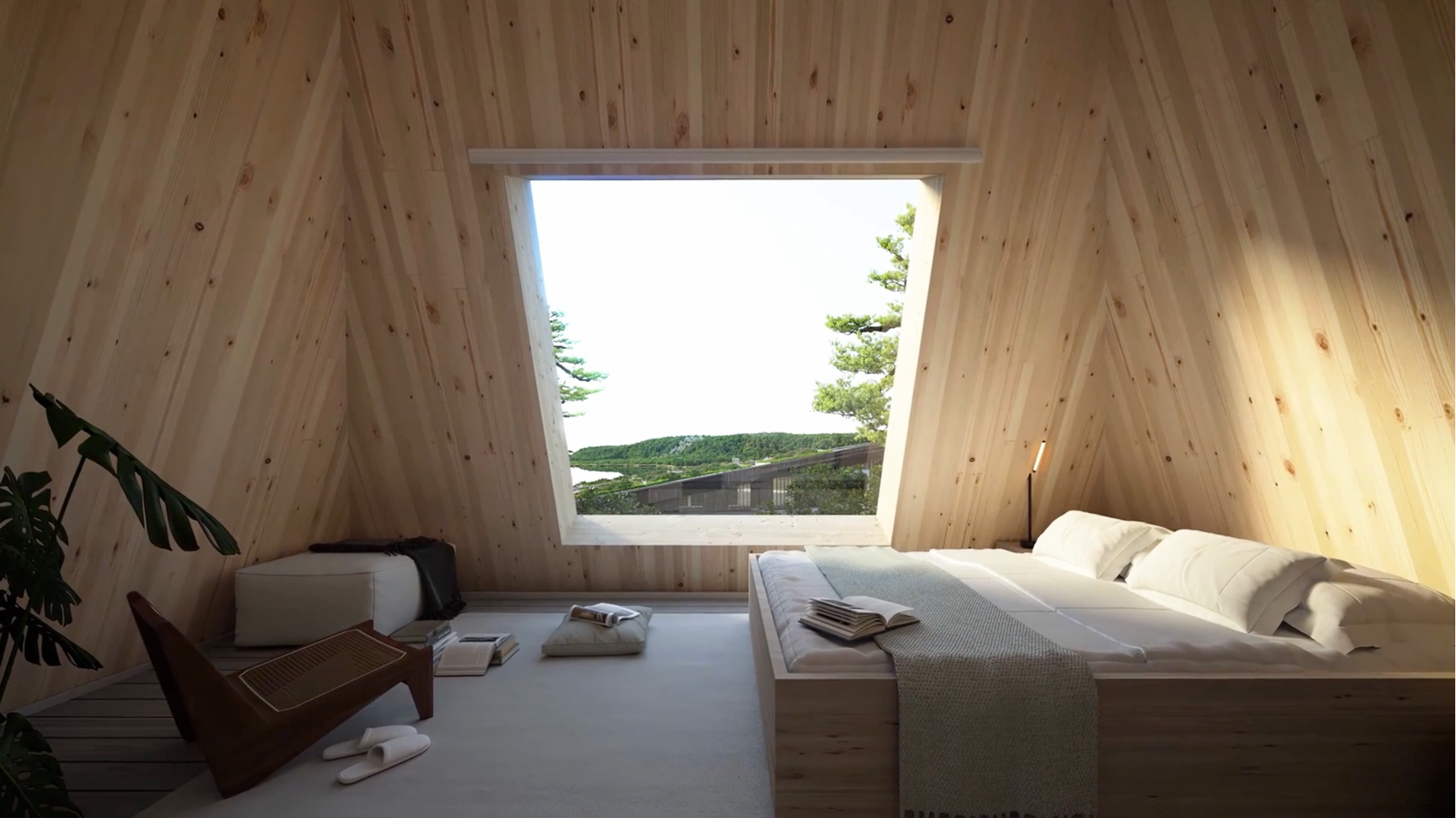 A cozy, minimalist bedroom with light wood walls and ceiling, a large triangular window with a view of trees, a bed with white linens, a chair, a plant, and folded towels on the floor. Natural light fills the space.