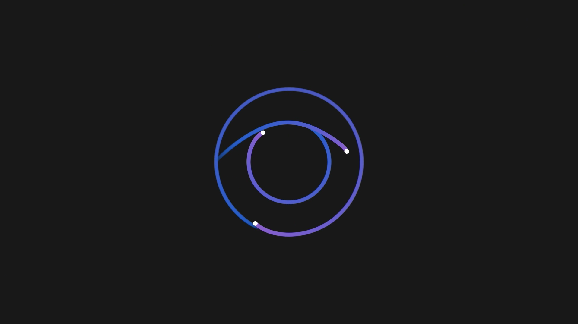 Two glowing dots move along intersecting blue and purple gradient circular paths on a black background, creating a minimalistic, abstract design resembling an eye or orbital motion.