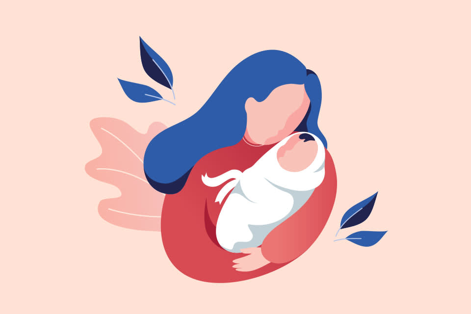 Illustration of a woman with long blue hair holding a swaddled baby, both facing each other lovingly. Blue leaves and a pink abstract shape decorate the soft, light background.