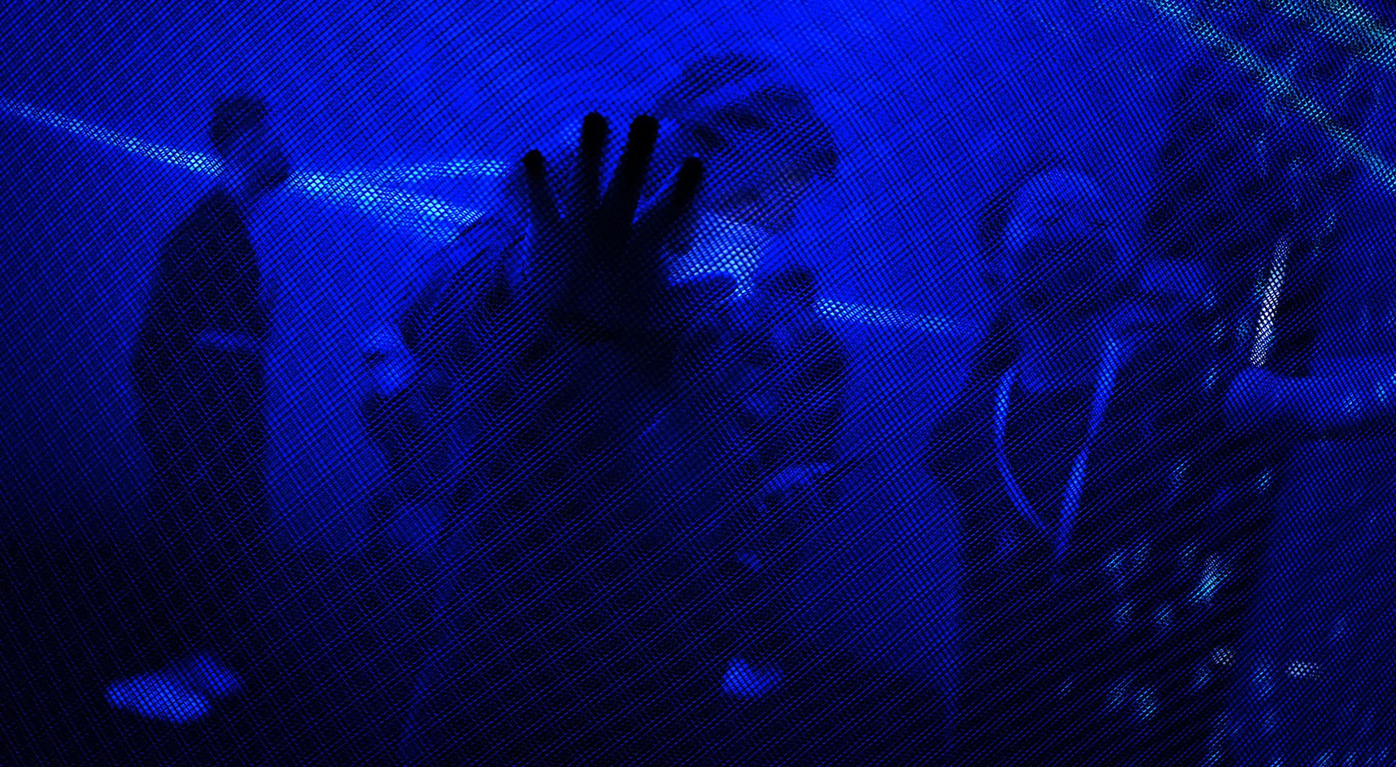 People stand behind a blue mesh screen, with one person pressing their hand against it. The scene is bathed in blue light, creating a mysterious and immersive atmosphere.