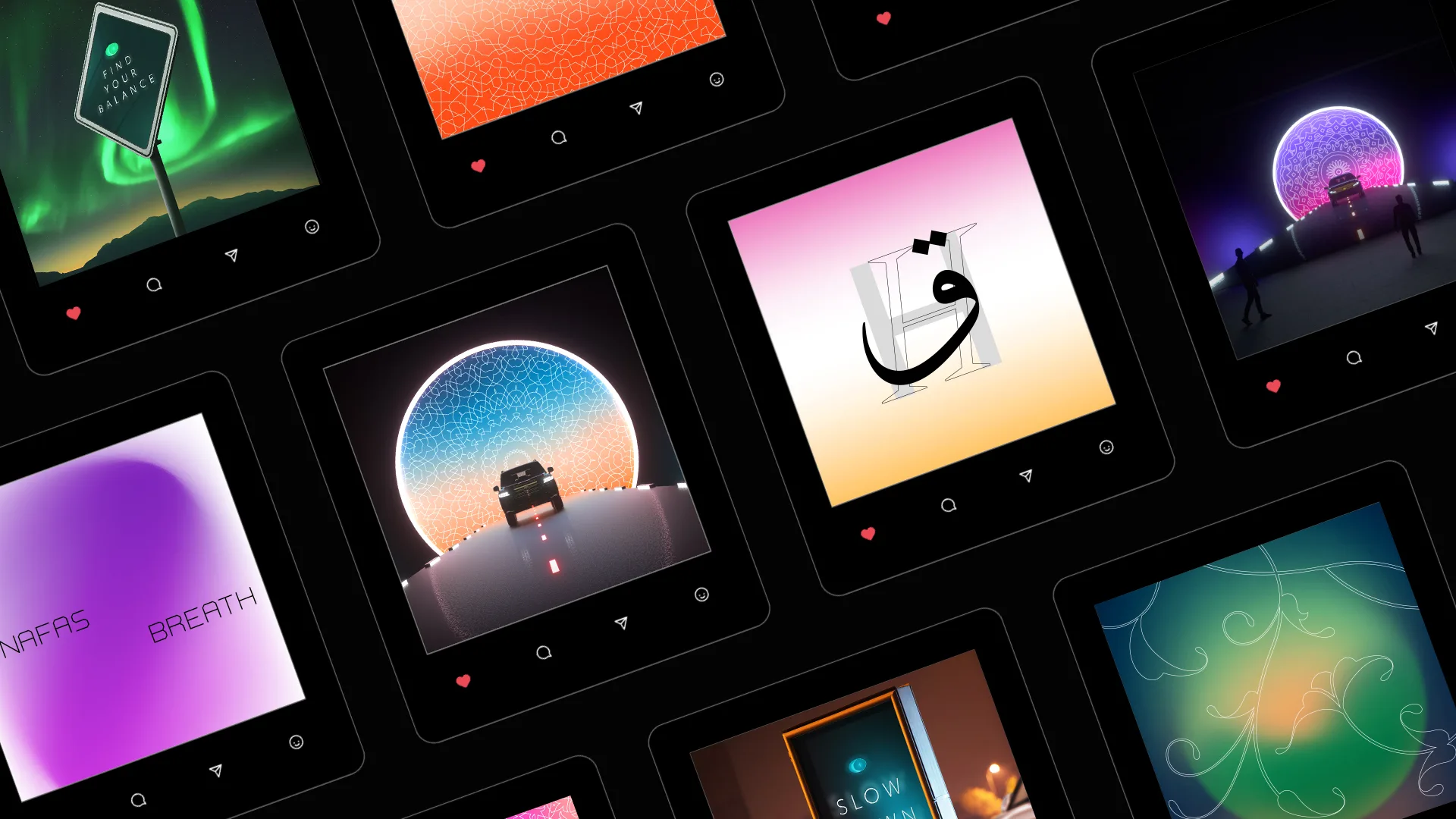 A grid of digital art thumbnails, each framed in a square with heart and comment icons. The images feature abstract, landscape, and calligraphy themes, using vibrant colors and gradients.