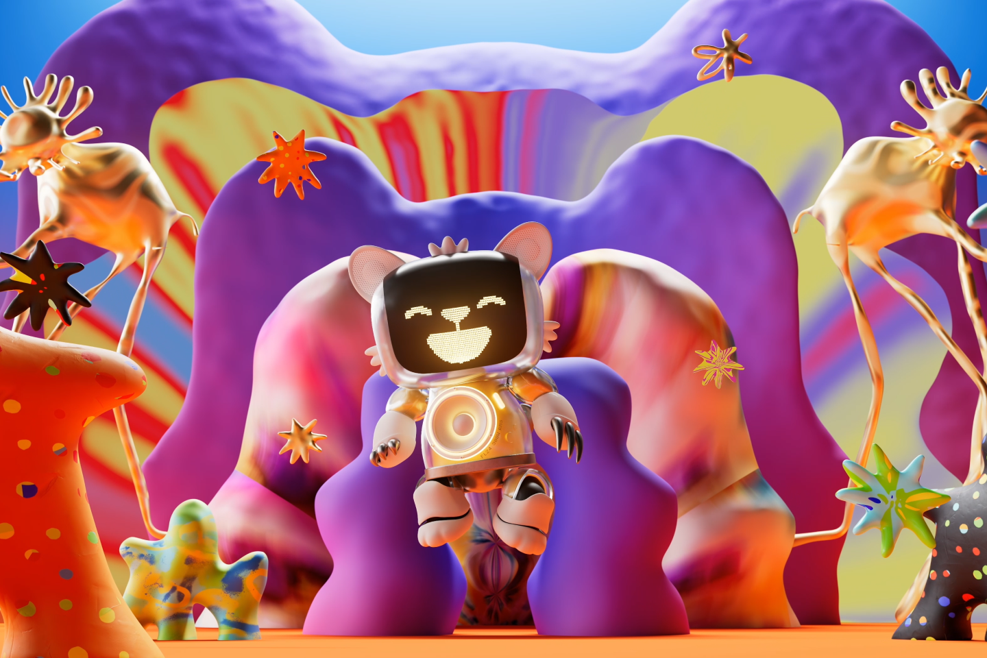 A graphic of a robotic Future Lions character with a speaker for a body. The character is smiling and jumping amongst a colourful background of abstract shapes and objects.