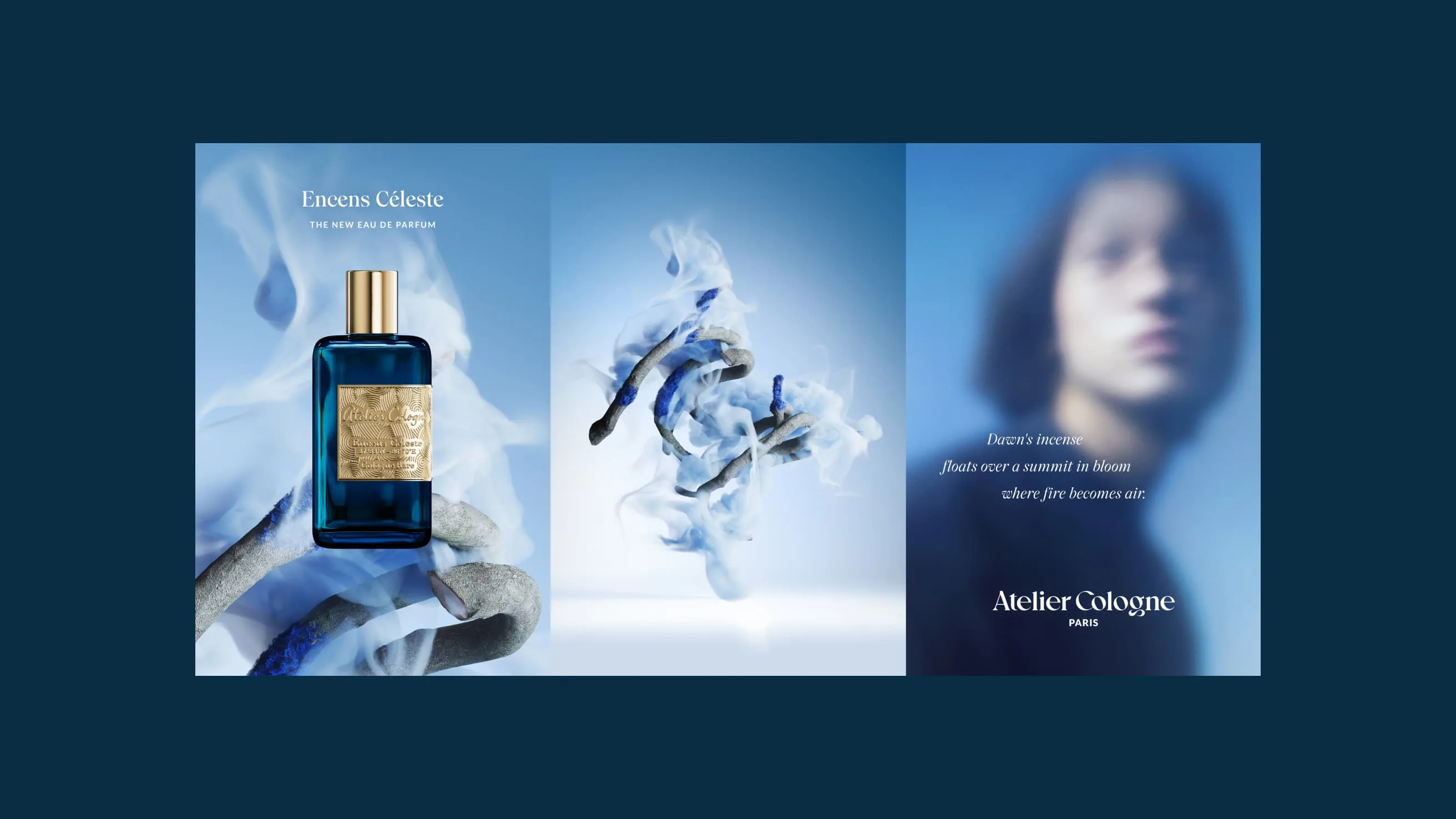 A promotional image for Atelier Cologne’s “Encens Céleste” perfume, featuring a blue bottle, swirling smoke, and a blurred face against a soft blue background, with white product text and poetic tagline.
