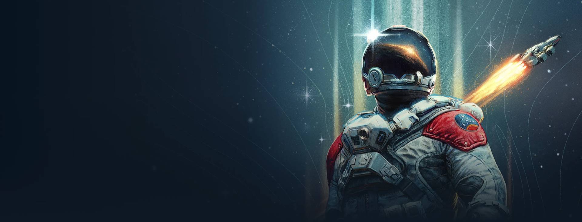 An astronaut in a futuristic suit stands facing away, looking upward as a small spacecraft launches into the starry sky, leaving a bright trail of light.