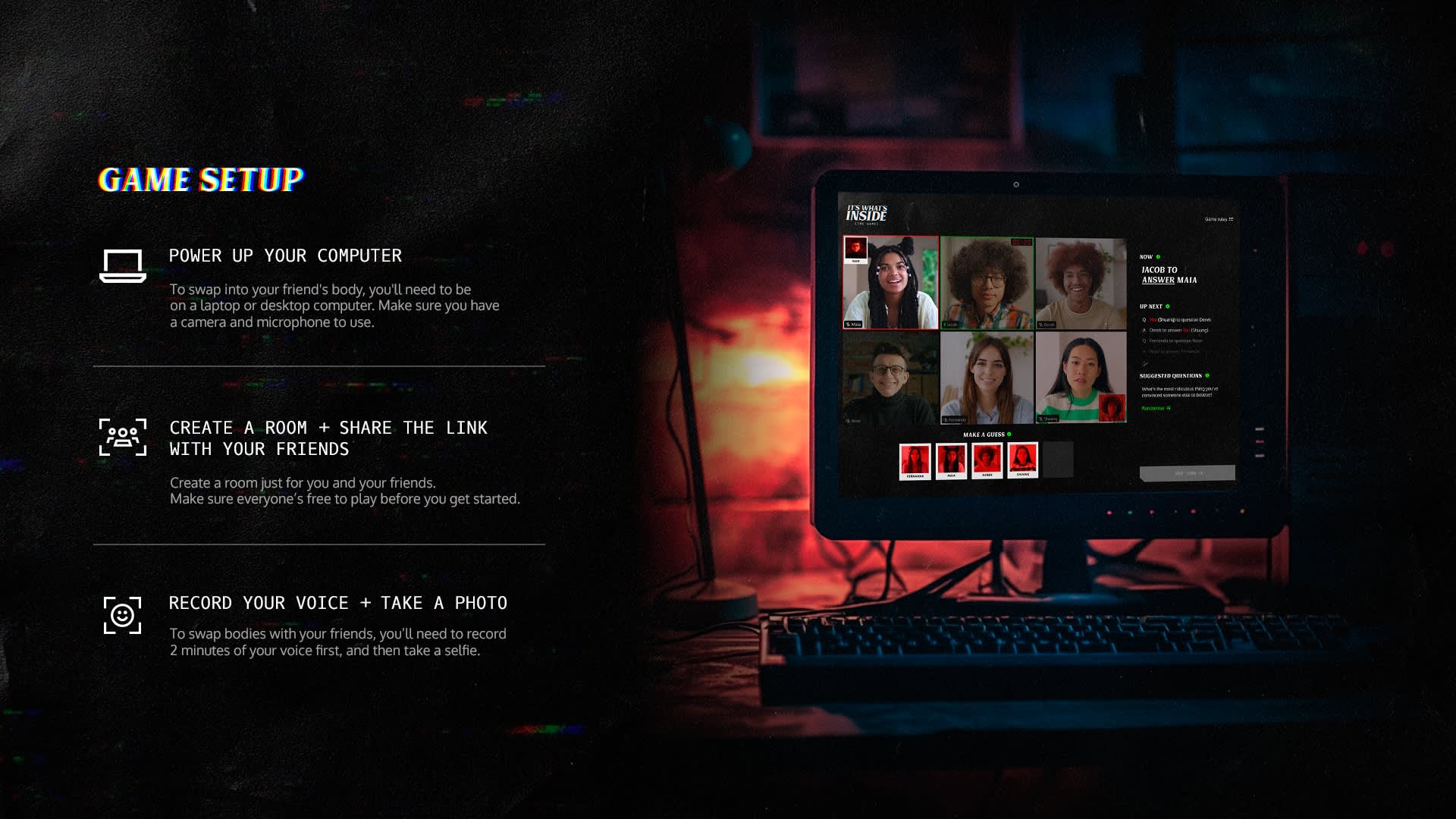 A display of the game setup with text on the left and a computer screen on the right with six people playing the game.