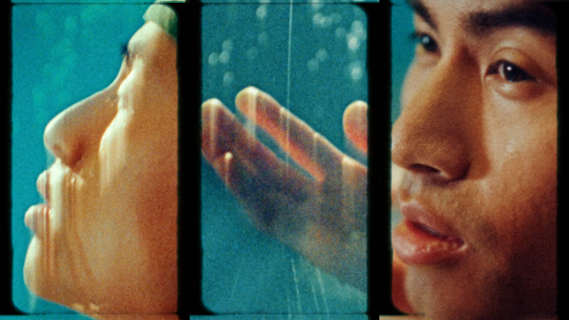 A split-panel close-up of a person’s face underwater. The left side shows their profile, the center shows a hand with bubbles, and the right side shows their face looking calm and contemplative against a blue background.
