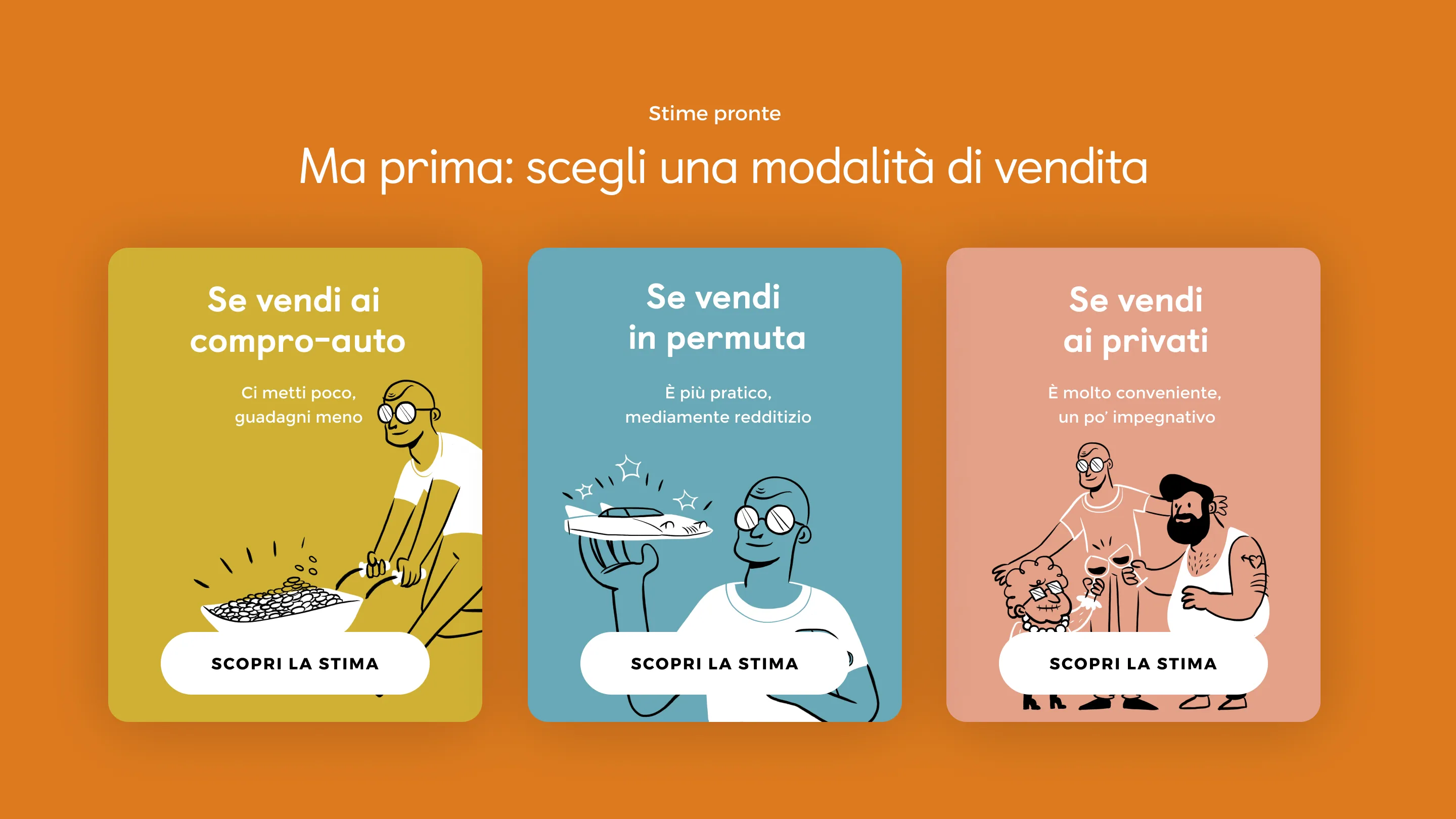 Three illustrated cards explain car selling options: to a dealer, by trade-in, or to a private buyer. Each card has a cartoon character and a short description on a colorful background.
