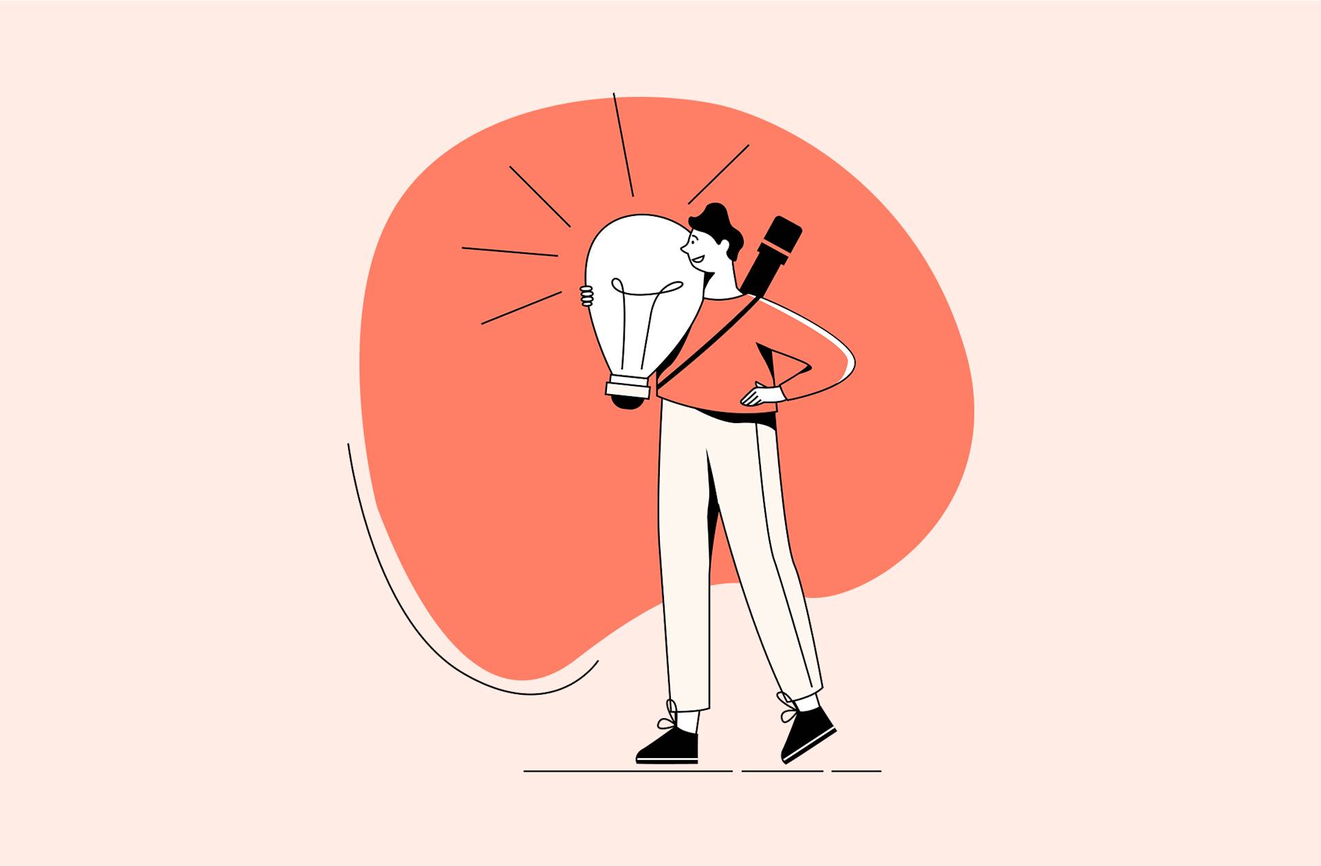 Illustration of a person standing and smiling while holding a large glowing light bulb, with a bag slung over their shoulder, against an abstract orange background.