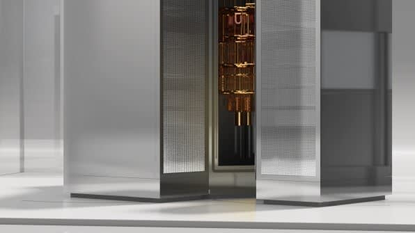 A sleek, metallic quantum computer partially enclosed in a futuristic, open cabinet, revealing its intricate copper and gold interior components. The scene is set in a minimalist, modern environment.