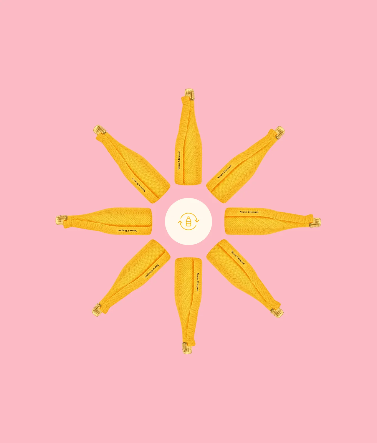 Eight yellow bottles arranged in a circle like sun rays around a central white circle with a small orange face and arrow illustration, all set against a pink background.