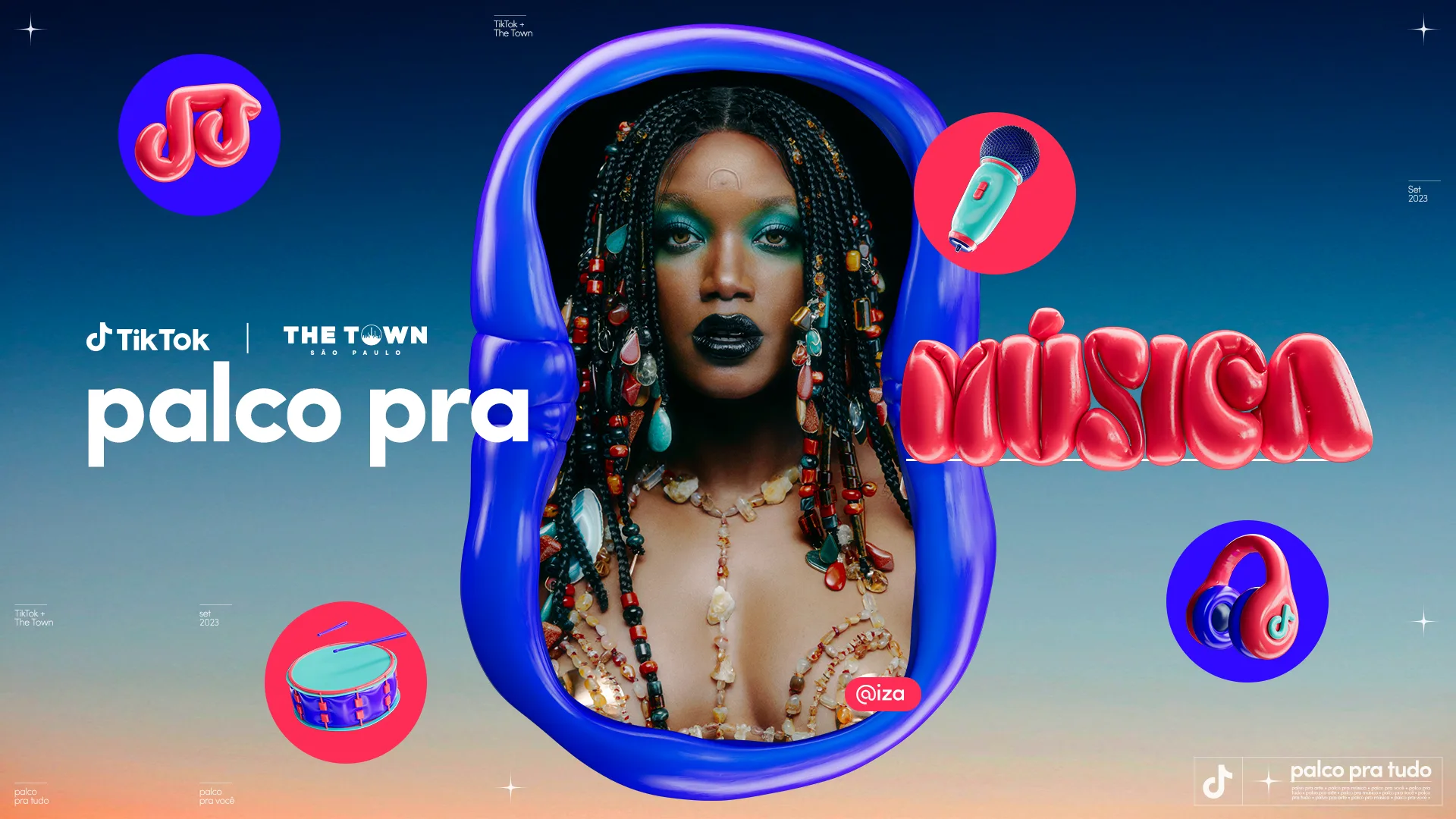 A vibrant promotional poster features a woman with intricate braids and bold makeup at the center, surrounded by floating music-themed icons and text reading palco pra música with TikTok and The Town branding.