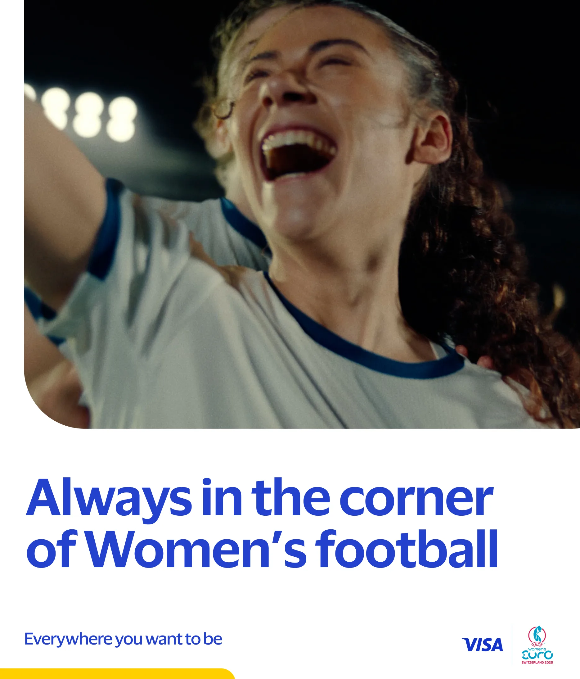 A joyful female football player in a white and blue jersey celebrates with arms raised. Text reads, Always in the corner of Womens football. Visa and FIFA Womens World Cup logos appear at the bottom.