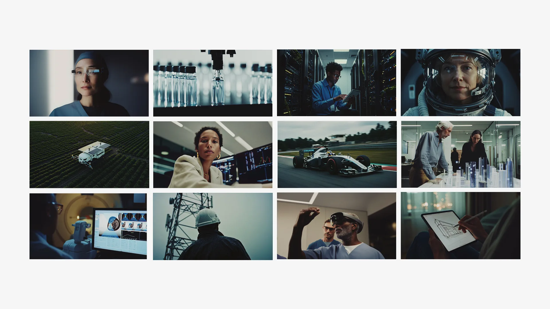 A collage of twelve images showing diverse scenes: scientists in labs, test tubes, a woman in an astronaut helmet, a drone over crops, engineers with technology, race cars, and architects reviewing models.