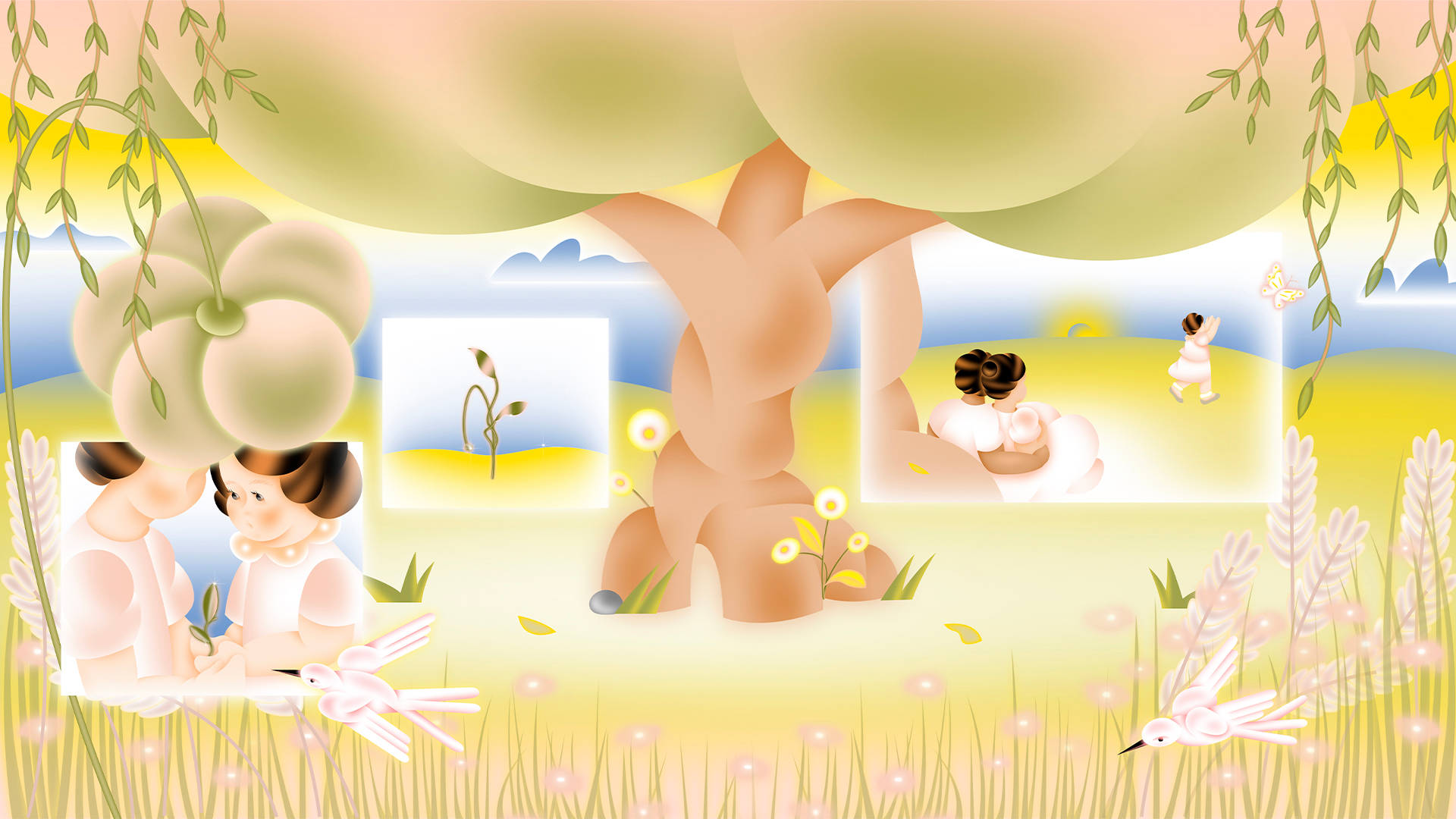 Two children sit under a large tree in a dreamy, pastel landscape with soft light, plants, birds, and butterflies. Inset images show a sprouting seed and a child running in an open field. The scene feels peaceful and whimsical.