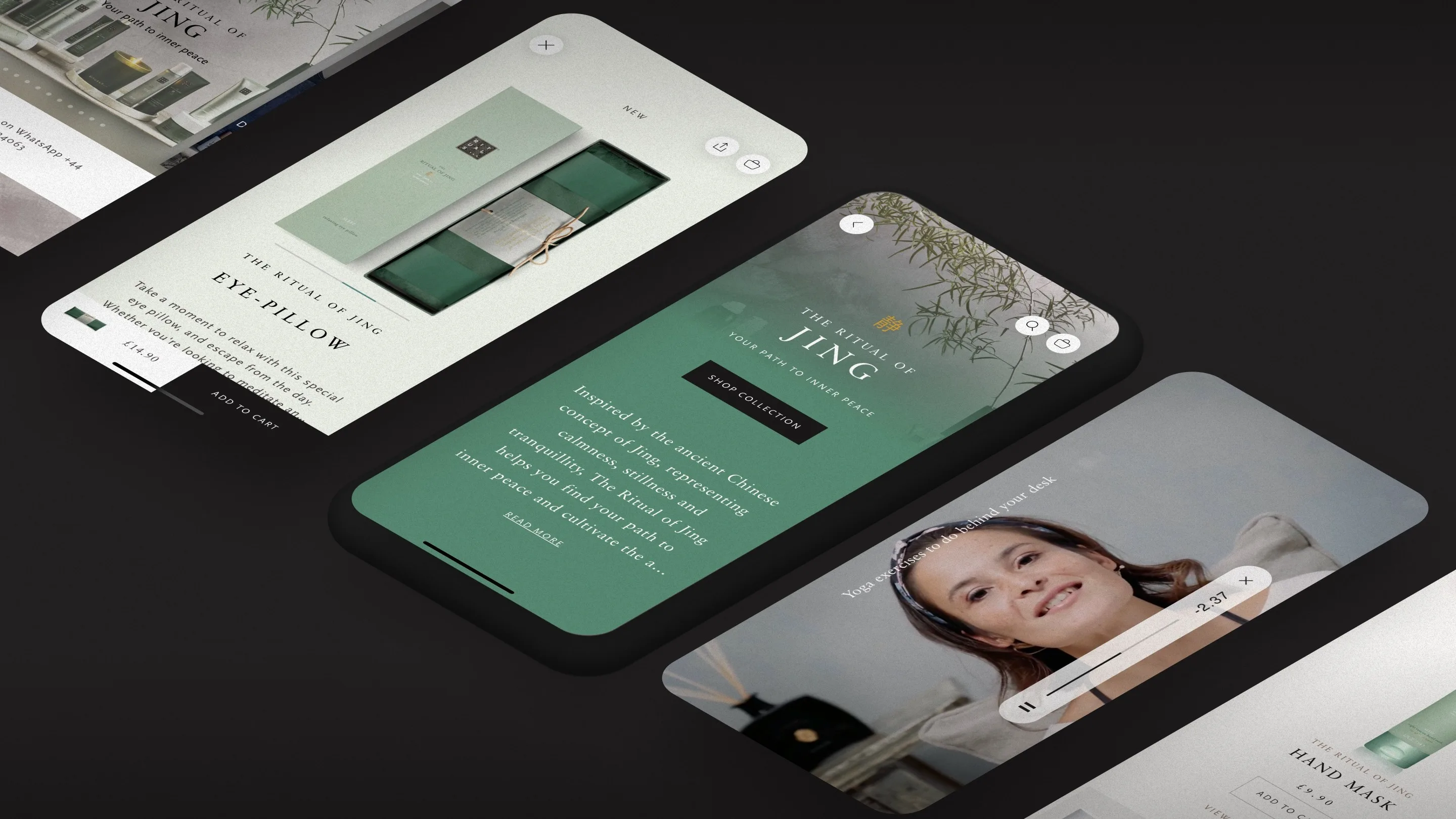 A set of sleek smartphone screens display a wellness or skincare app, featuring product images, elegant green branding, a meditation video with a woman, and soothing design elements on a dark background.