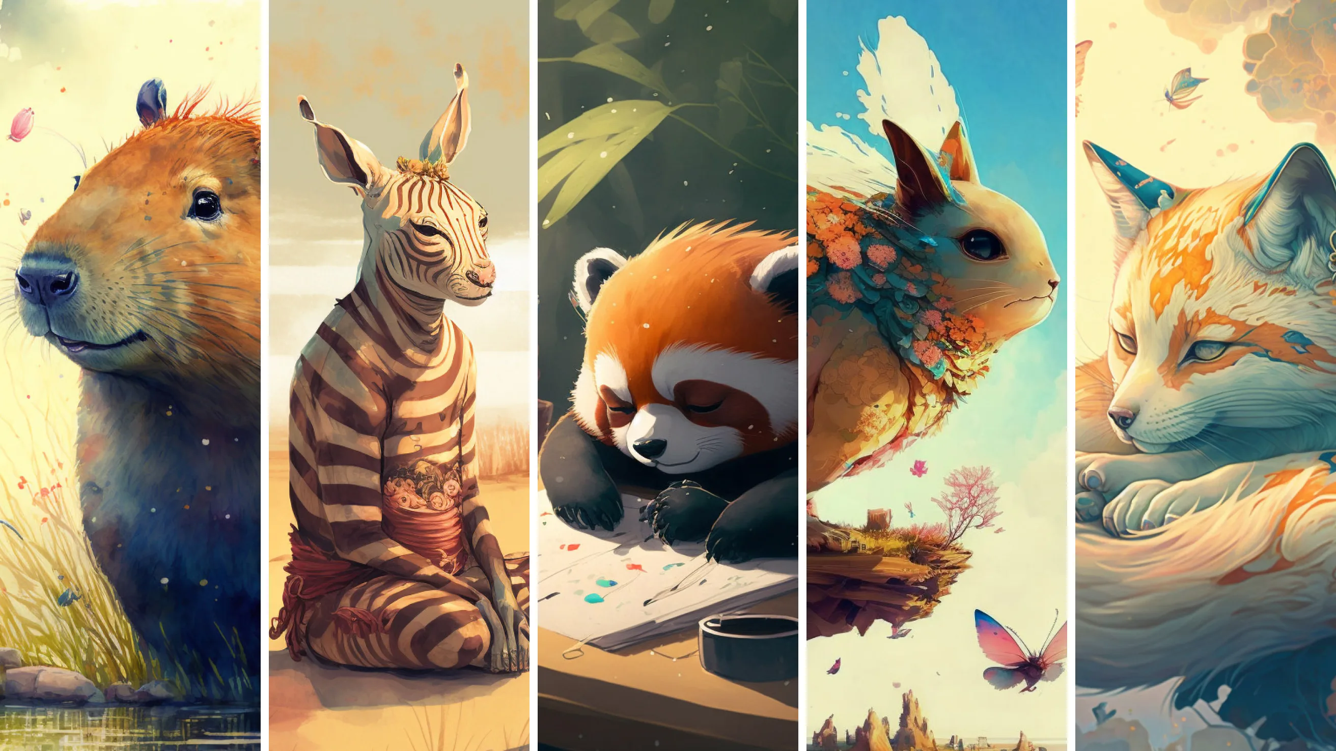A collage of five whimsical animal portraits: a capybara in grass, a meditating zebra, a red panda drawing, a rabbit with butterfly wings and flowers, and a fox with a dragonfly, each in a dreamy, artistic style.
