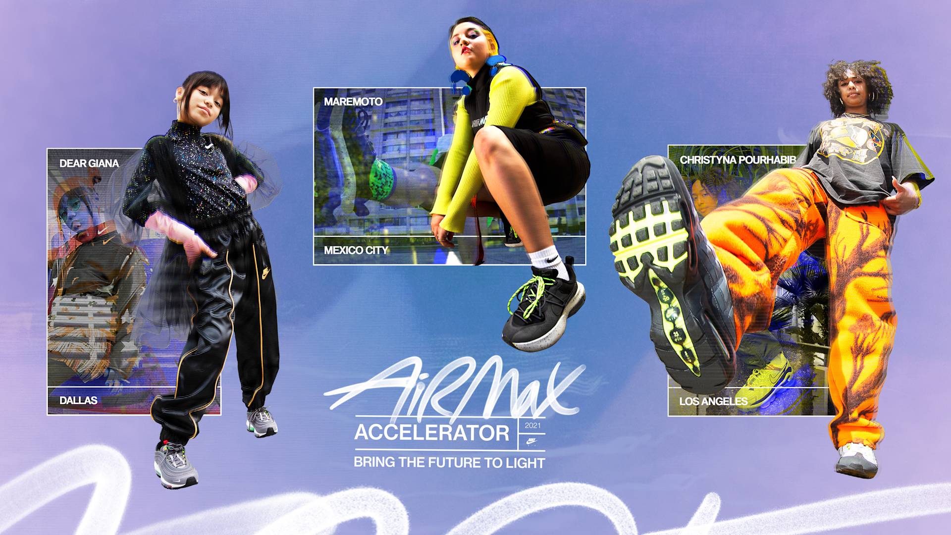 Three young people showcase unique streetwear and Nike Air Max sneakers, each highlighted with their name and city: Dallis (left), Maremoto from Mexico City (center), and Christina Poyiatzis from Los Angeles (right).