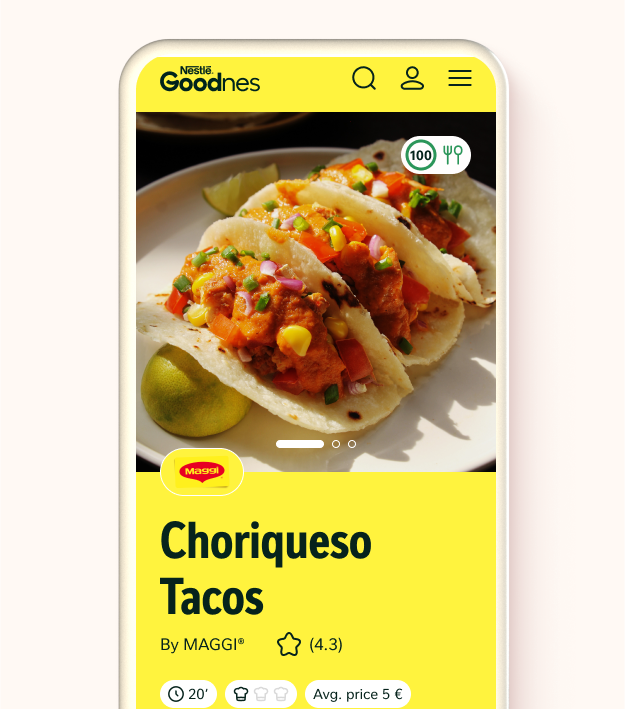 A smartphone screen displays a food app featuring Choriqueso Tacos with salsa and corn, garnished with herbs and lime wedges on the side. The rating is 4.3 stars, and the background is bright yellow.