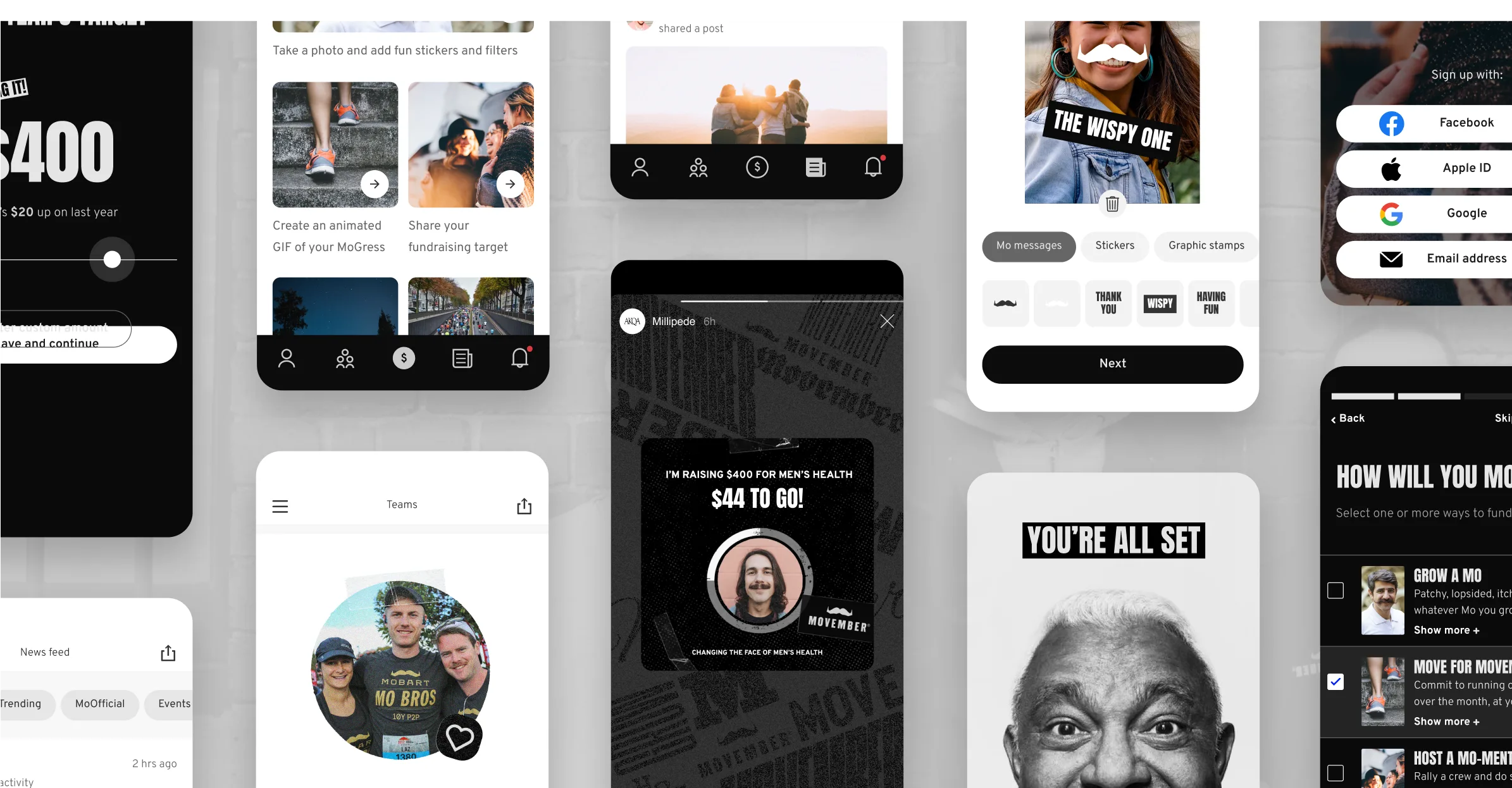 A collage of mobile app screens displaying donation progress, user profiles, social sharing options, and playful sticker features, all related to fundraising and social interaction.