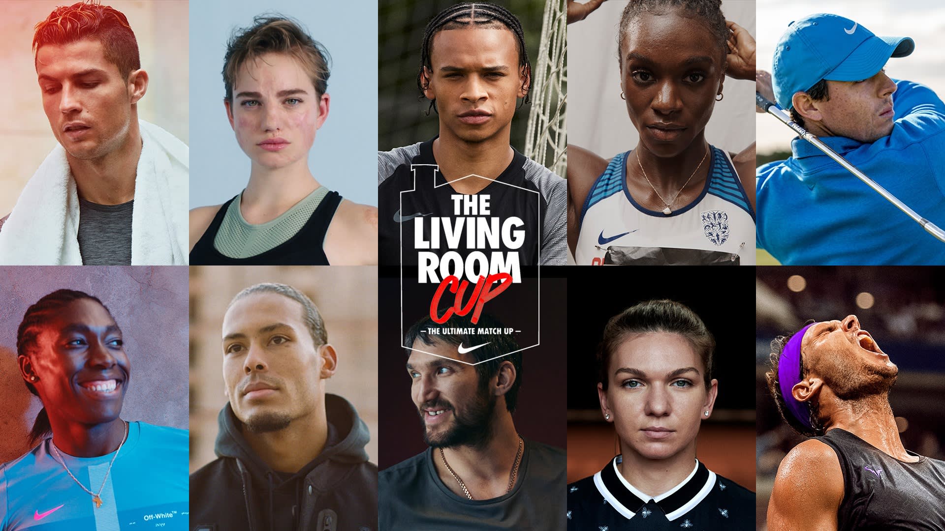 A collage of ten athletes, both men and women, wearing sports attire, surrounding a central logo that reads The Living Room Cup: The Ultimate Match Up.