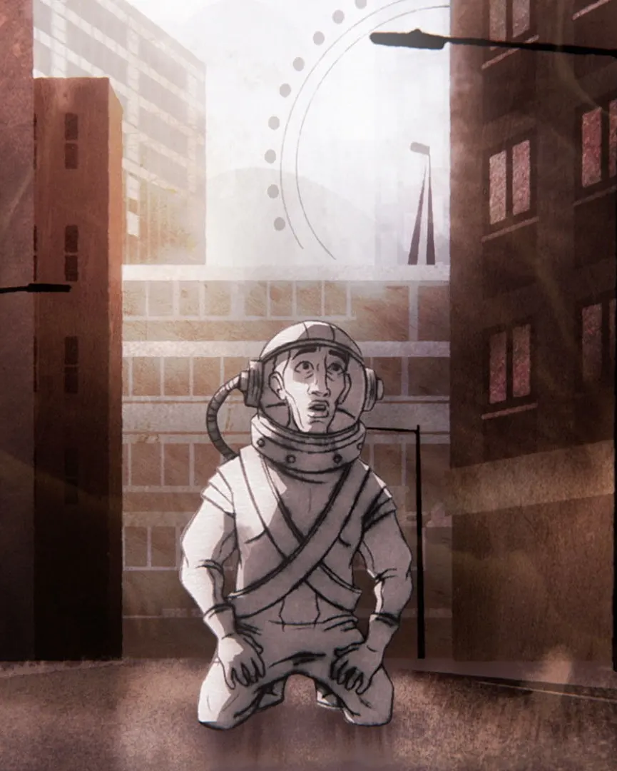 A person in a spacesuit kneels on a city street, looking up with a worried expression. Tall buildings surround them, and abstract circular patterns appear in the sky above.
