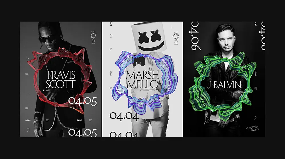 Three black-and-white event posters feature Travis Scott, Marshmello, and J Balvin with colorful soundwave graphics and their names; dates 04.05, 04.04, and 04.06 are shown for each artist, respectively.