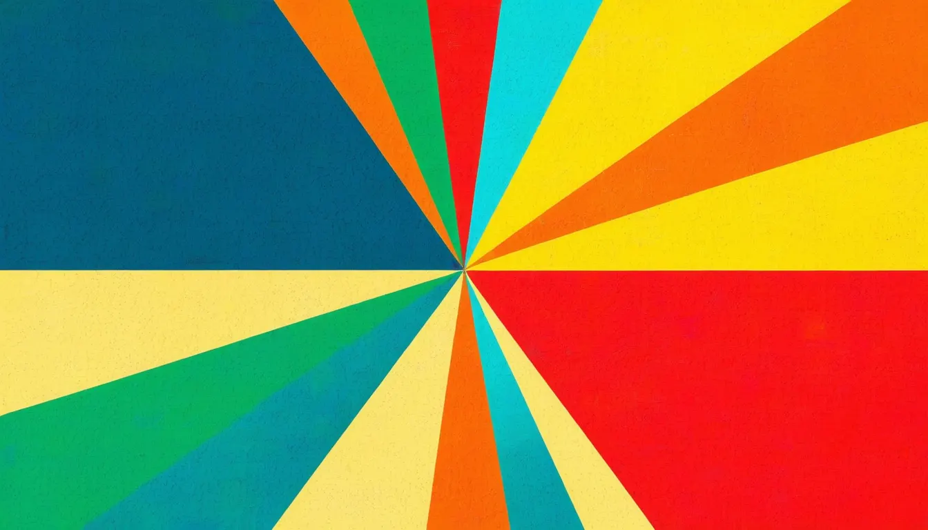 Abstract image featuring colorful triangular segments radiating from a central point. The segments are in shades of blue, green, yellow, orange, and red, creating a vibrant, starburst pattern.