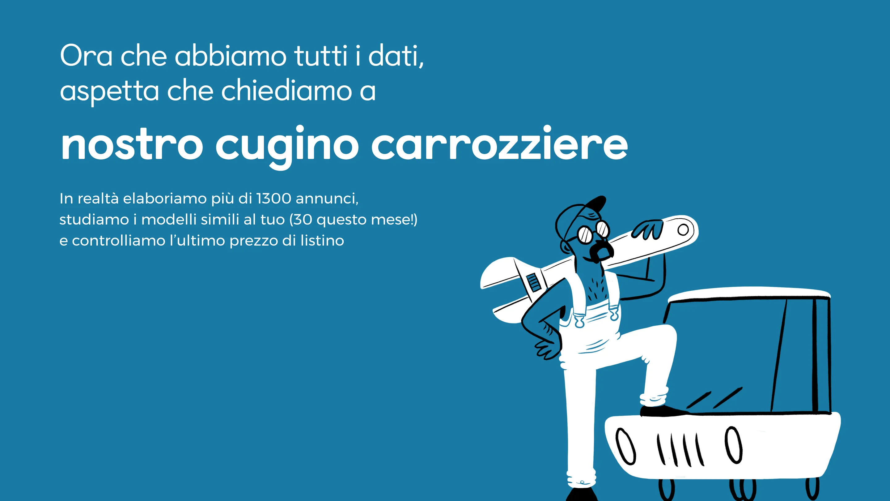 Illustration of a mechanic holding a large wrench and talking on the phone, standing next to a car. Text in Italian humorously explains how pricing is determined for car repairs. Blue background.