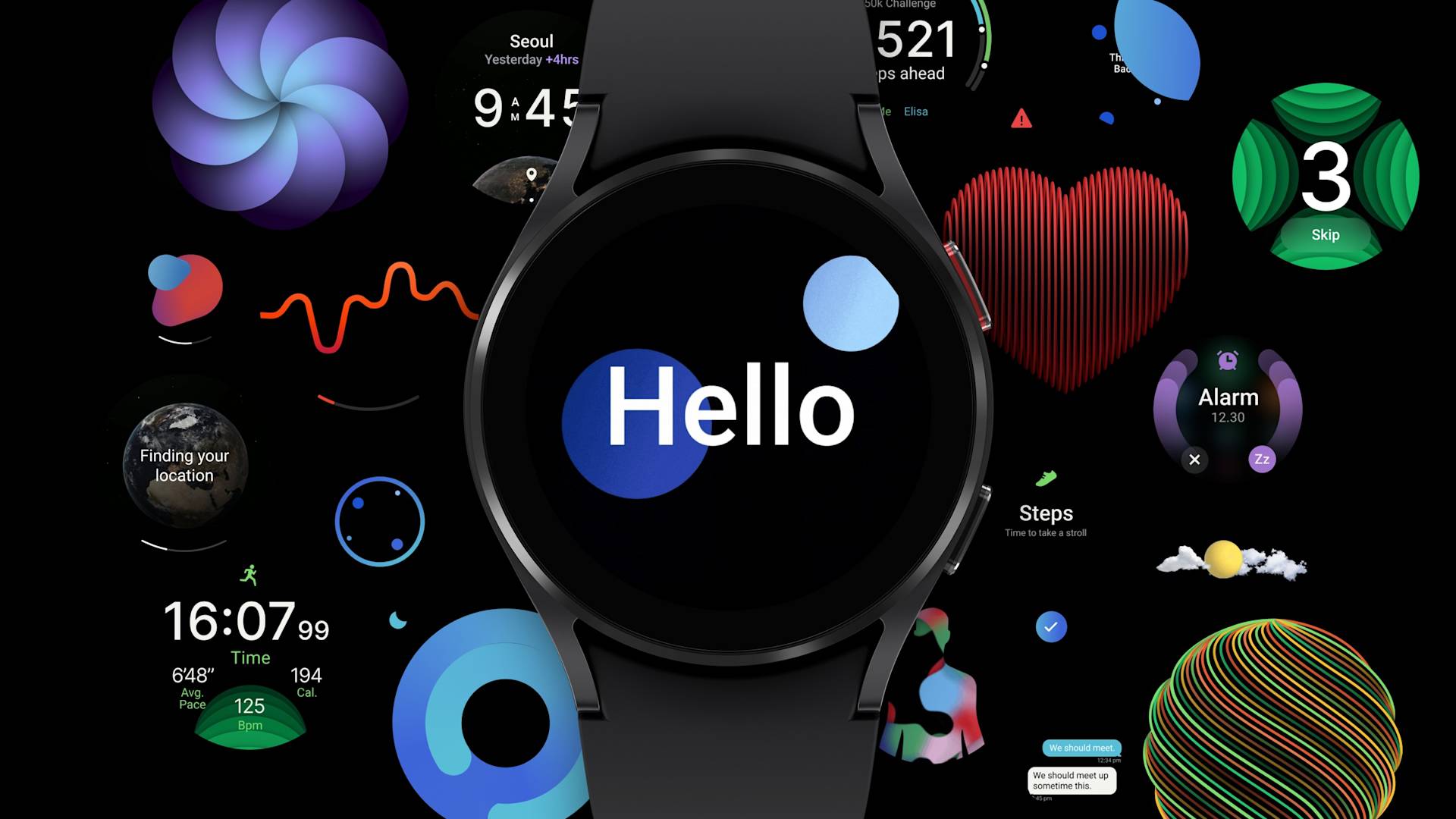 A smartwatch displays the word Hello on its screen, surrounded by colorful graphics, icons, and health-tracking interface elements on a black background.