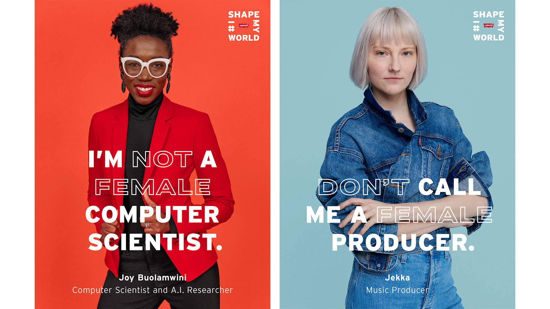 Split image: On the left, a smiling Black woman in glasses and red earrings stands against a red background with text I’m not a female computer scientist. On the right, a white-blonde woman in a blue jacket stands against light blue with Don’t call me a female producer.