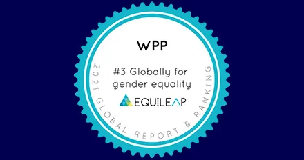 A circular badge with a teal border reads: WPP #3 Globally for gender equality with the Equileap logo below. The edge text says, 2021 Global Report & Ranking. The background is dark blue.