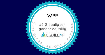 A circular badge with a teal border reads: WPP #3 Globally for gender equality with the Equileap logo below. The edge text says, 2021 Global Report & Ranking. The background is dark blue.