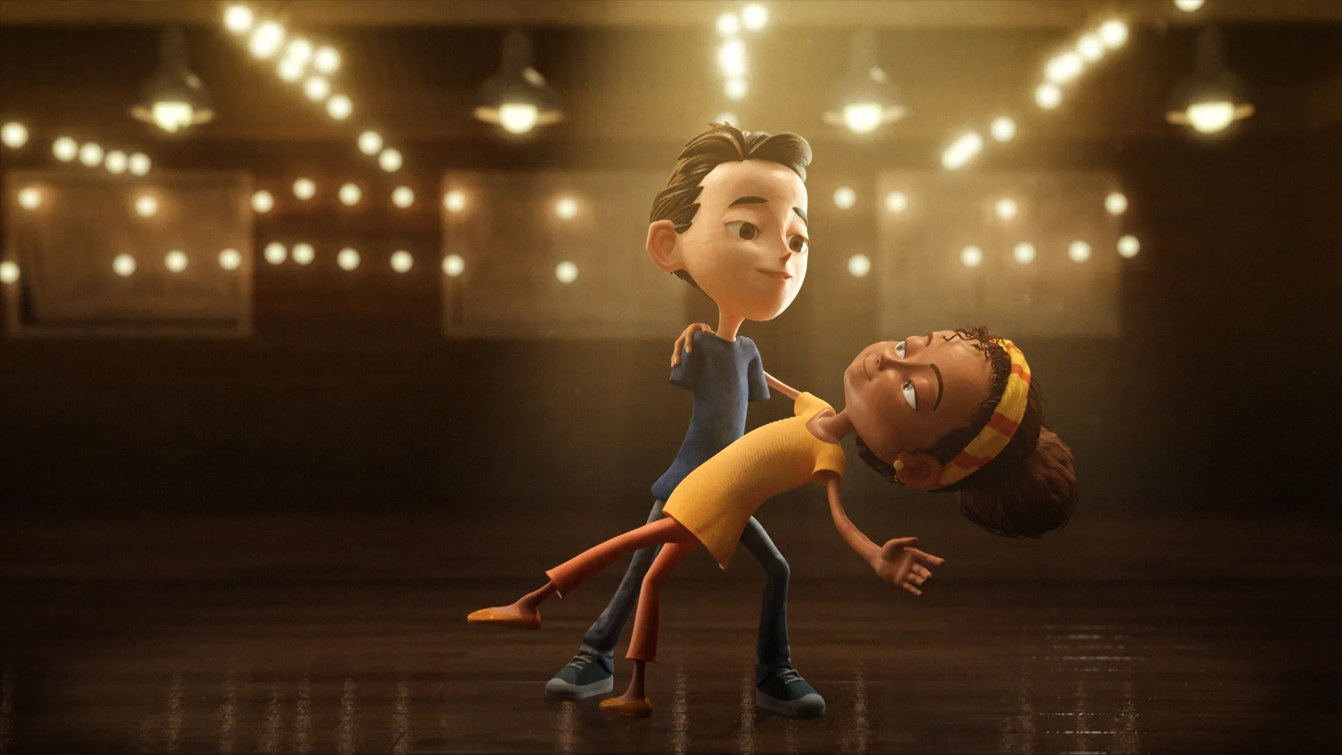 Two animated children are ballroom dancing under warm, glowing string lights. One child gently dips the other, both appear happy and graceful. The background is dimly lit, giving a cozy atmosphere.