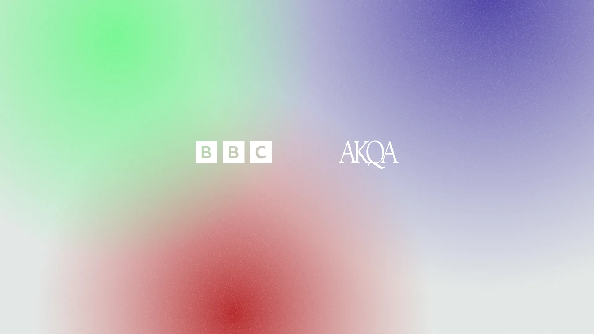 A soft gradient background with green, red, and blue hues. The BBC logo appears in white boxes on the left, and the AKQA logo is in white text on the right, both centered.